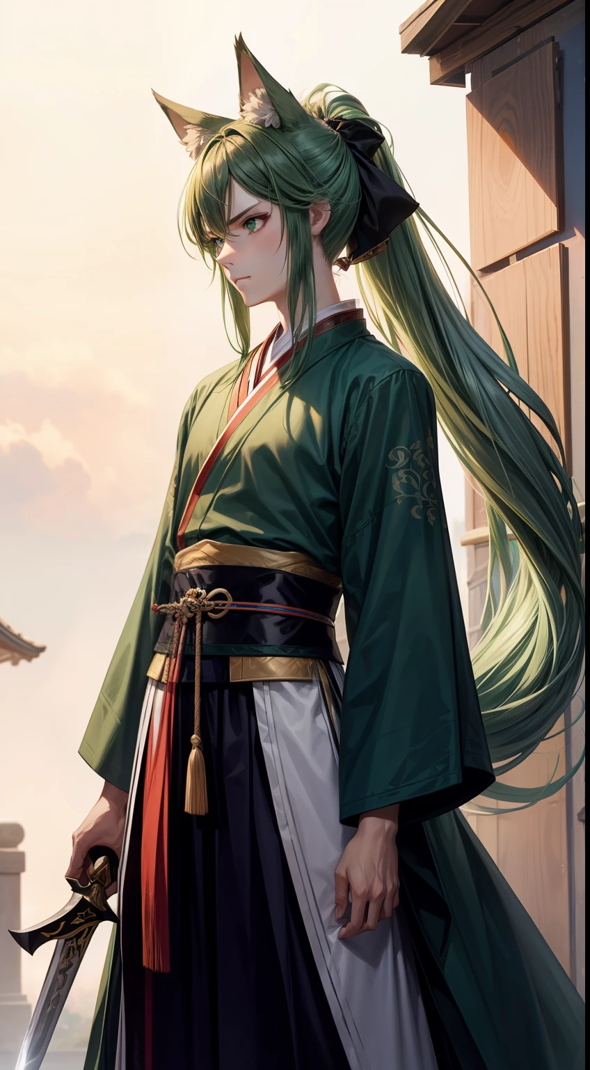 Tall guy, long green hair,high ponytail, Green eyes, wolf ears, Hanfu, a sword, A serious look, Masterpiece, hiquality