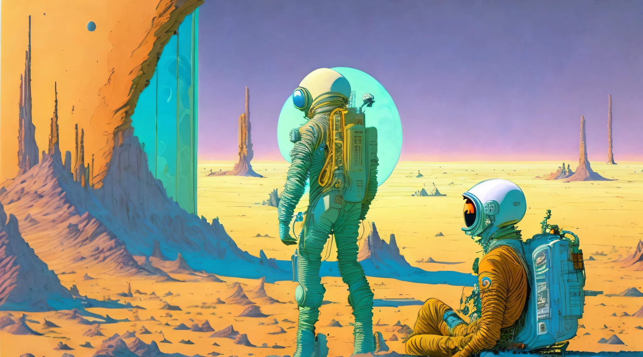 a painting of a Astronauts in Space Suit, investigating strange buildings, alien planet, ringed planet by Moebius Jean Giraud
