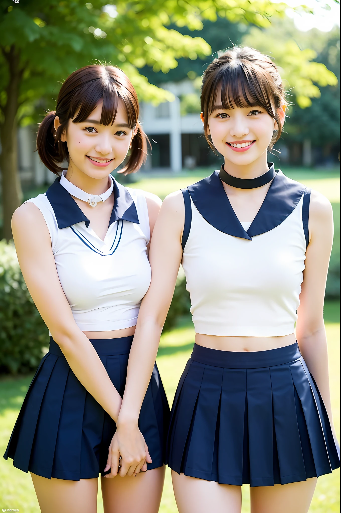 ((2 girls wearing pure white sleeveless shirt and collar and navy blue panties and navy blue school skirt)),18year old,bangs,smiles,thighs,short cut hair,poneyTail,standing in a park