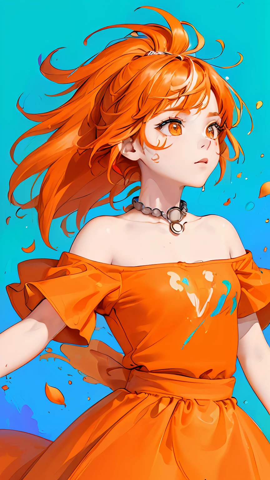 Red Fashion T-shirt：1.9），(orange hair: 1.8), (all the colours of the rainbow: 1.8),(((((vertical painting：1.6))), （painting：1.6），front, comics, illustrations, paintings, large eyes, orange clear eyes,（ rainbow color gradient high ponytail：1.7）, exquisite makeup, closed mouth,(Small Fresh: 1.5),(Wipe Chest: 1.6) ，long eyelashes, orange off shoulder T-shirt,  orange Shoulder Shirt，looking at the audience, large orange eyes, (rainbow colored hair：1.6), color splash, （solo：1.8）, color splash, color explosion, thick paint style, messy lines, ((shining))，(colorful), (colorful), (colorful), colorful, Thick Paint Style, (Splash) (Color Splash), Vertical Painting, Upper Body, Paint Splash, Acrylic Pigment, Gradient, Paint, Highest Image Quality, Highest Quality, Masterpiece, Solo, Depth of Field, Face Paint,  orange clothes, (Elegant: 1.2), gorgeous,long hair, wind, (Elegant: 1.3), (Petals: 1.4)，(((masterpiece))),(((best quality))),((ultra-detailed)),(illustration),(dynamic angle),((floating)),(paint),((disheveled hair)),(solo),(1girl) , (((detailed anima face))),((beautiful detailed face)),collar,bare shoulders,orange hair, ((orange hair)),((streaked hair)),beautiful detailed eyes,(orange color eyes),(((orange eyes))),(((colorful background))),(((high saturation))),(((surrounded by colorful splashes))),