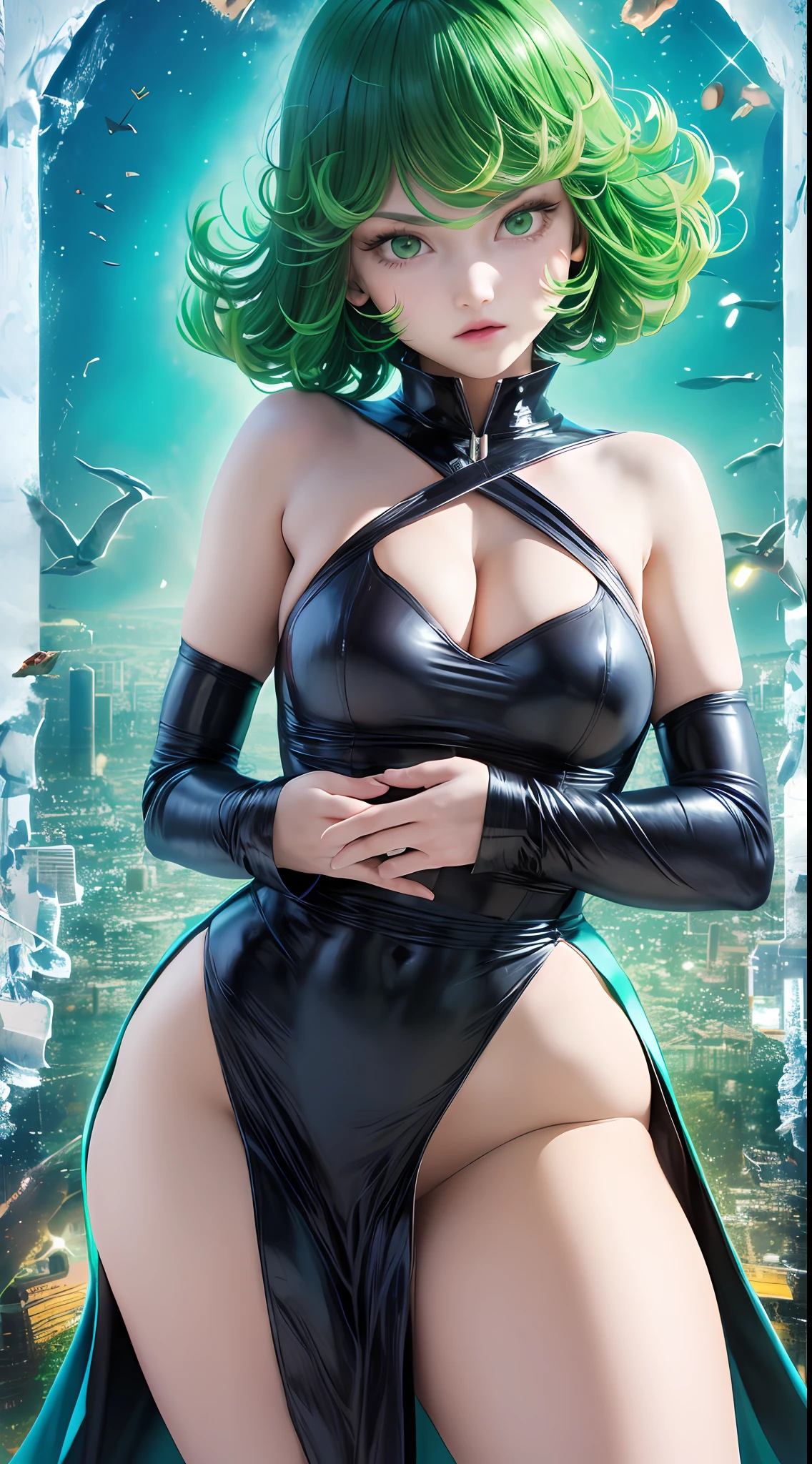 high art, (masterpiece, best quality:1.2), solo, 1girl, 12 years old, young girl, flat chest, huge ass, tatsumaki, unamused, closed mouth, looking at viewer, crossed arms, green medium hair, black slit dress, pelvic curtain dress, blue sky background,