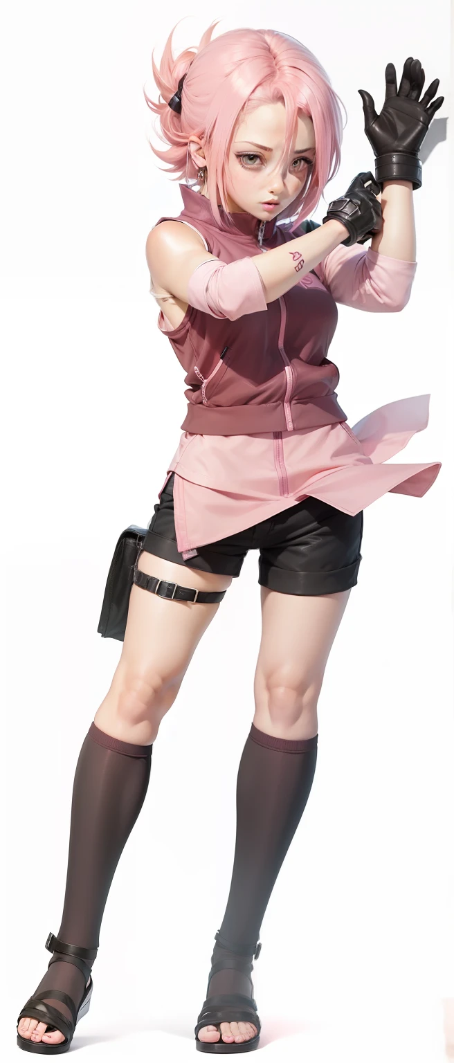 Girl, Sakura Haruno, Short Pink Hair, Pink Clothes, Black Short Pants, Black Sandals,