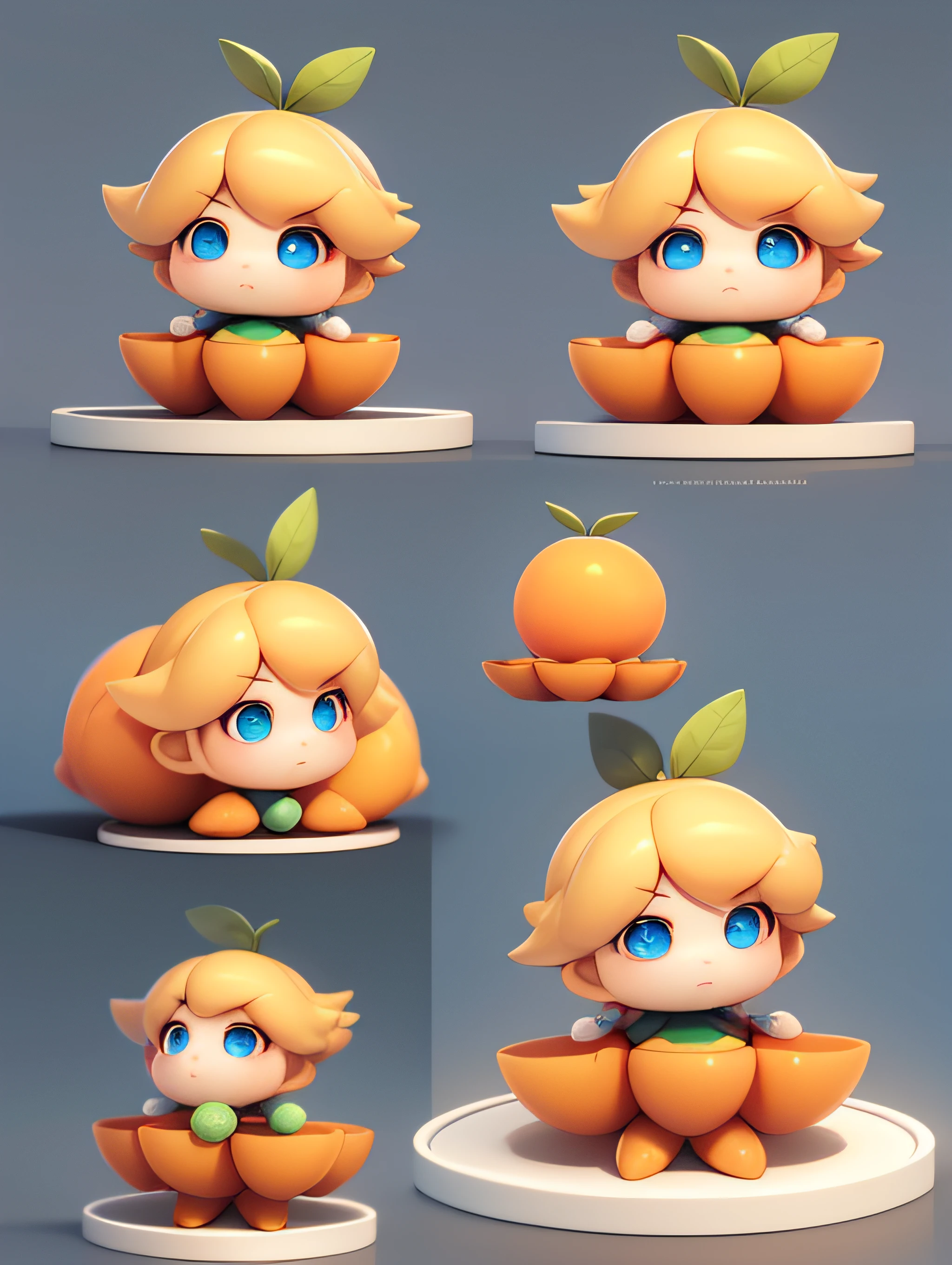 PopMart blind box IP，Design a mascot about water apricots，Water apricot leaves on the head，Stand naturally，Frontal whole body，Bubble Mart style，Clean and simple design，IP image，High-grade natural color scheme，Bright and harmonious，Cute and colorful，Detailed character design，behans，Haipai style，Organic engraving，C4D style，3D animation style design，cartoony，Fun character design，ray trace，Children's book illustration style