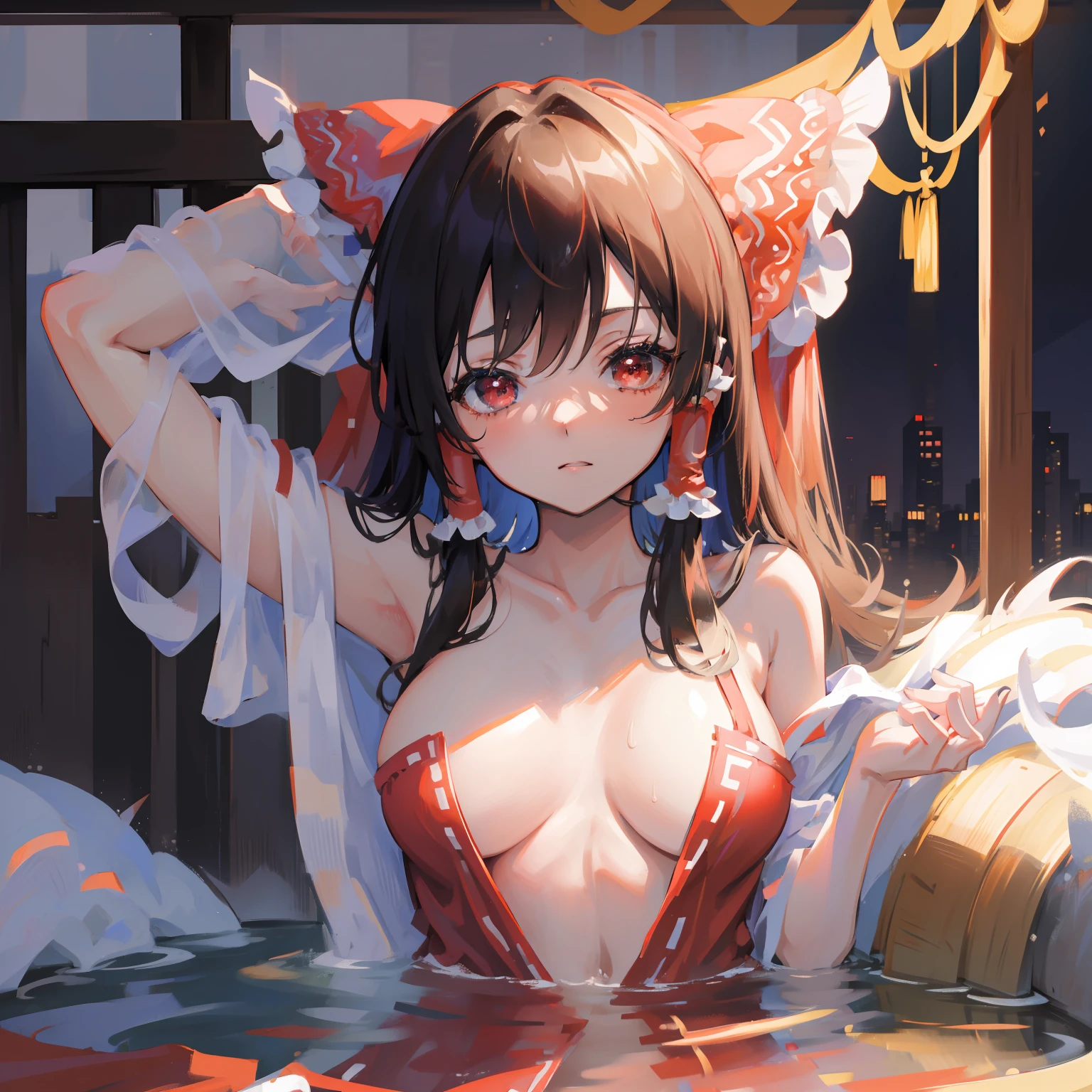 masutepiece, Fine detail, 4K, 8K, 12K, Solo, 1 person, Beautiful Girl, caucasian female, Borei Reimu, Naked, Towel wrapped around the body, Taking a bath, mideum breasts、Braless