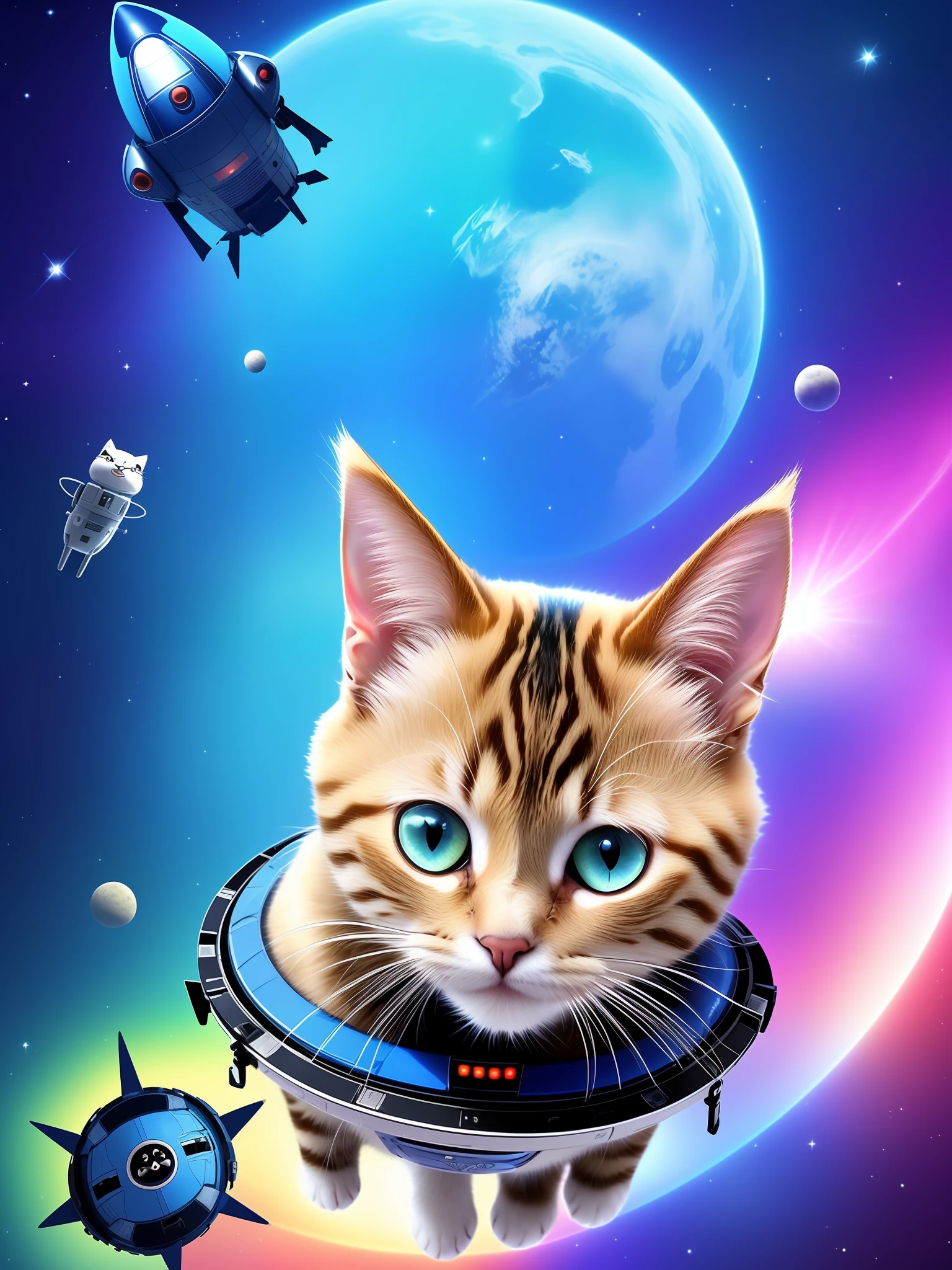 Cute kitten、A cat is on one small spaceship、Only the cat's face can be seen from the spaceship、A cat is piloting a spaceship、The type of cat is American Shorthair、((intricate-detail))、Parody images、nffsw、((intricate-detail、ultra-detailliert))、Cinematic shots、vignettes、beautidful eyes、The background is outer space