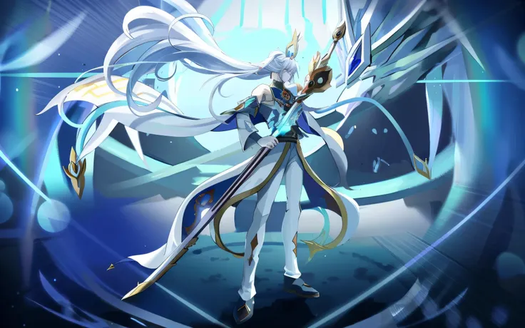 anime characters with long white hair and blue eyes holding a sword, keqing from genshin impact, genshin impact's character, zho...