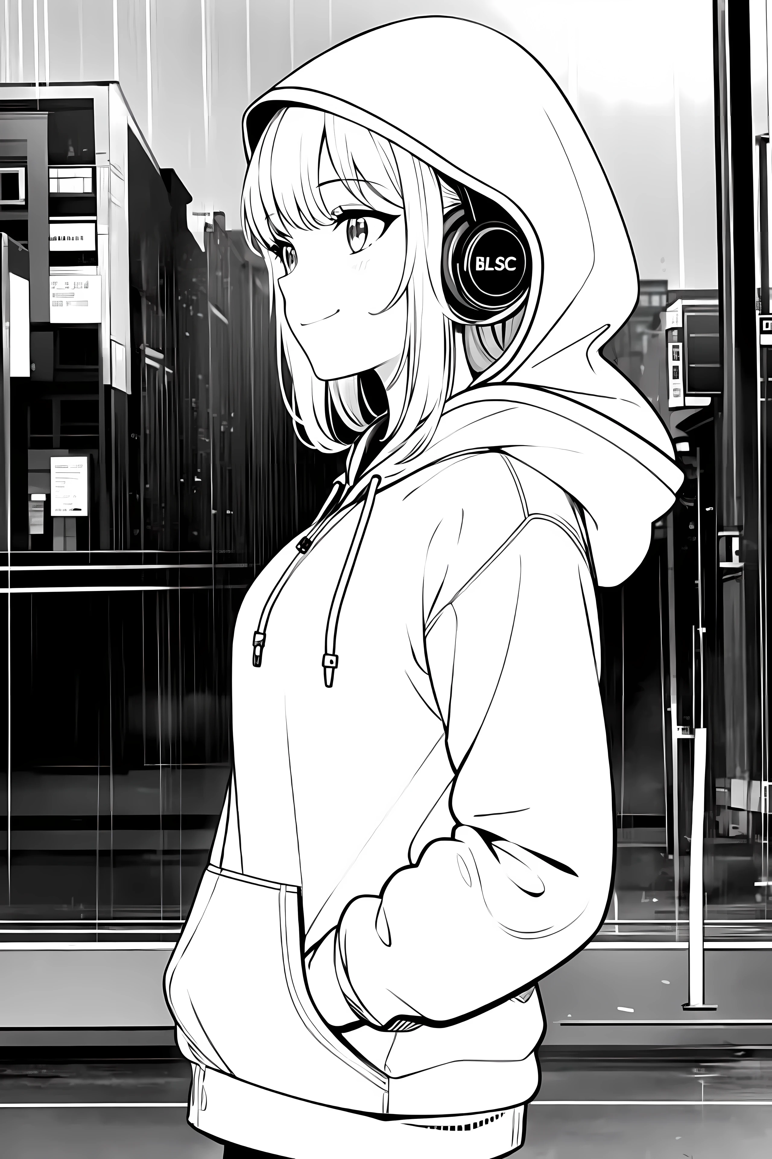 best masterpiece,1girl,solo,incredibly absurdres,hoodie,headphones, street,outdoors,rain,neon lights, light smile, hood up, hands in pockets, looking away, from side, lineart, monochrome,