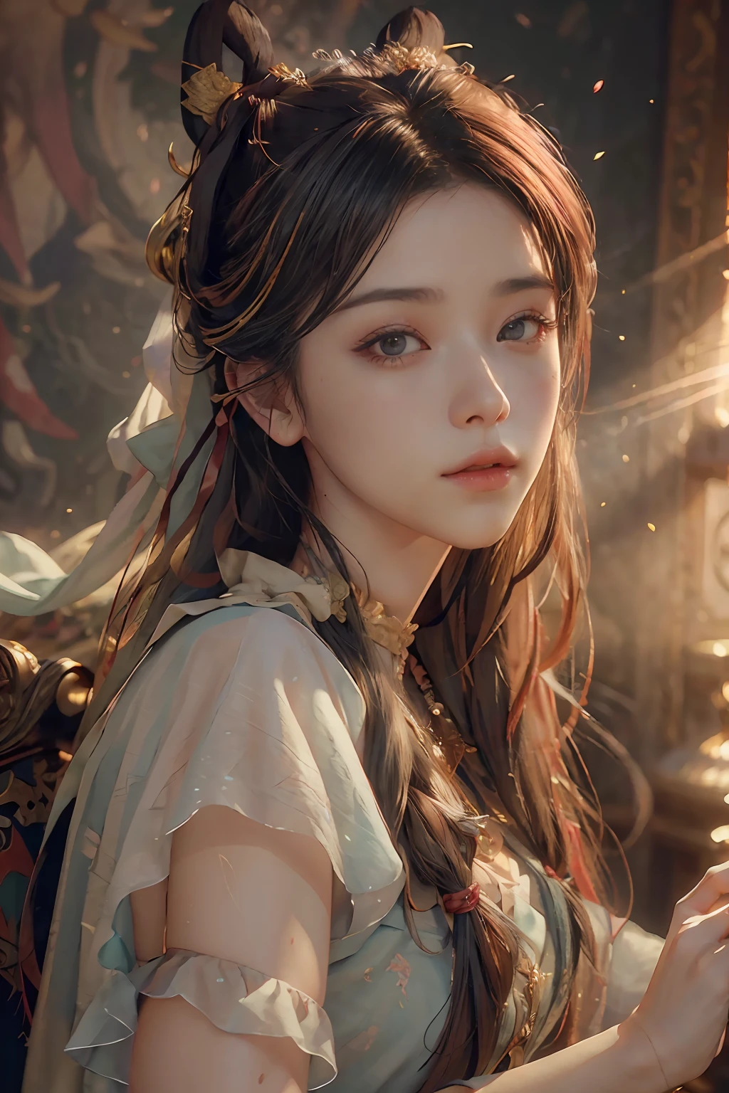 (RAW photo, best quality), (realistic, photo-realistic:1.3),best quality,highly detailed,masterpiece,ultra-detailed,illustration,1girl,upper_body,dynamic angle,world masterpiece theater,messy_long_hair,best quality,extremely detailed CG unity 8k wallpaper,ink,Amazing,cinematic lighting,lens_flare, dunhuang_style