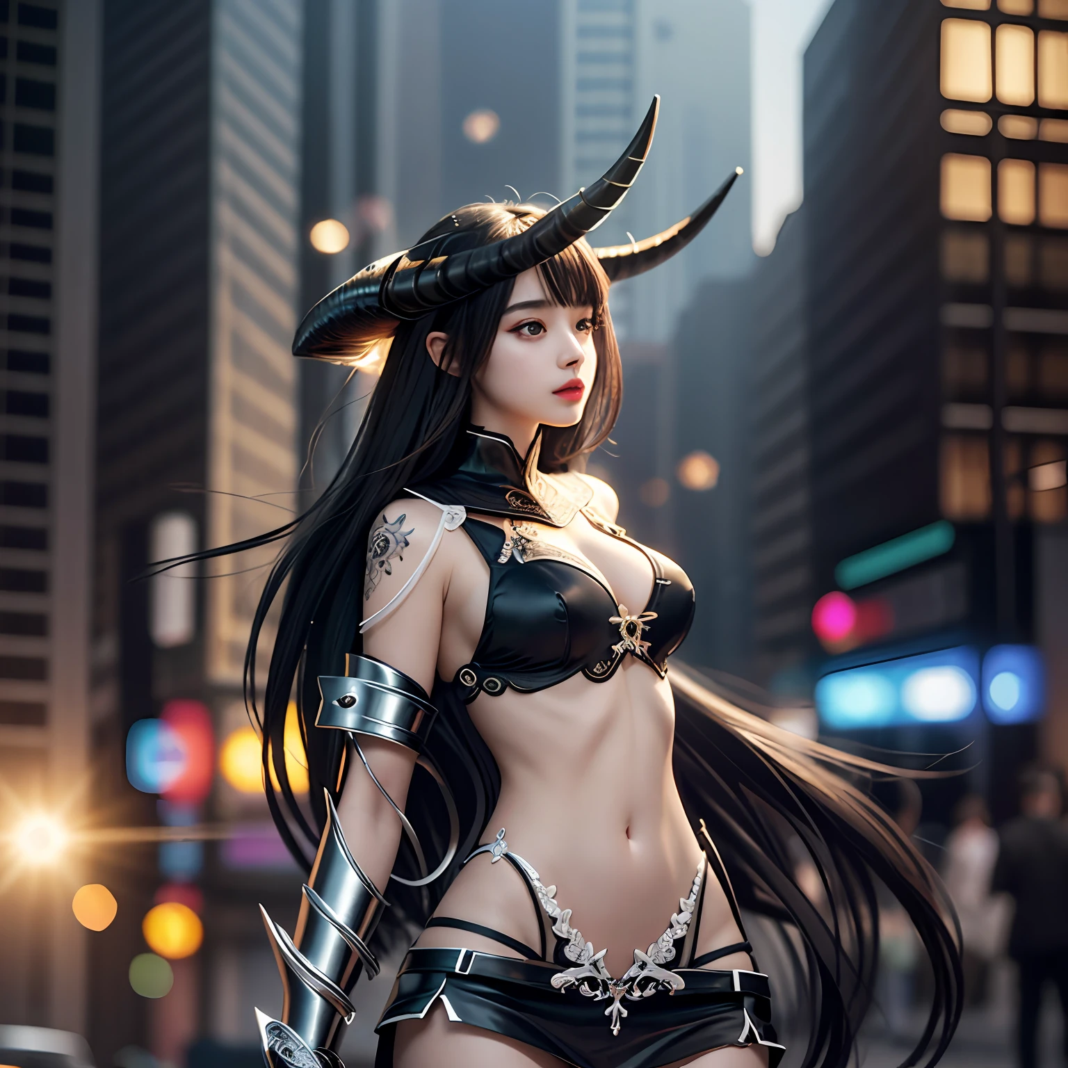 (Masterpiece:1.2), best quality, (illustration:1.2), (ultra-detailed), hyper details, (delicate detailed), (intricate details), (cinematic light, best quality Backlights), clear line, from below, soloist, perfect body, (1girl), realistic girl with horns and a black dress standing in front of a city