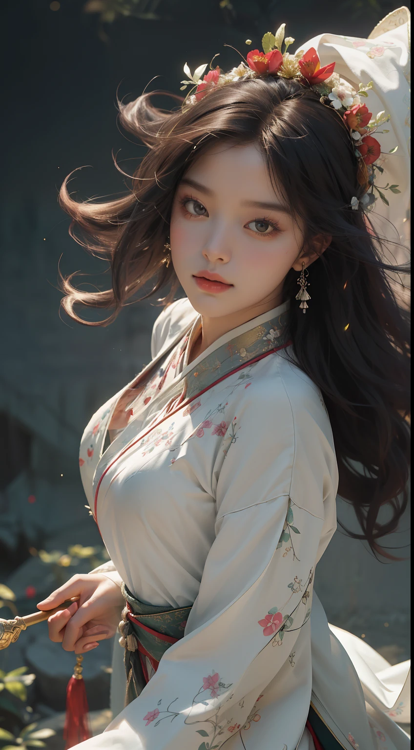 Super high quality, masterpiece, perfect illustration, extreme detail (exquisite light and shadow, highly dramatic picture,) Zhongfenghua, 1 girl, solo, hanfu, flower field, flowers, (white smoke: 1.3) (realistic:1.4), zen entanglement, red, black and white Hanfu, tangled, official art, Unity 8k wallpaper, super detailed, beautiful and beautiful, masterpiece, best quality, (dynamic angle: 1.4), glowing skin, (floating colorful glitter: 1) the most beautiful chaotic form, elegant, brutalist design, Bright colors, romantic depth of field exotic_dance, half_naked