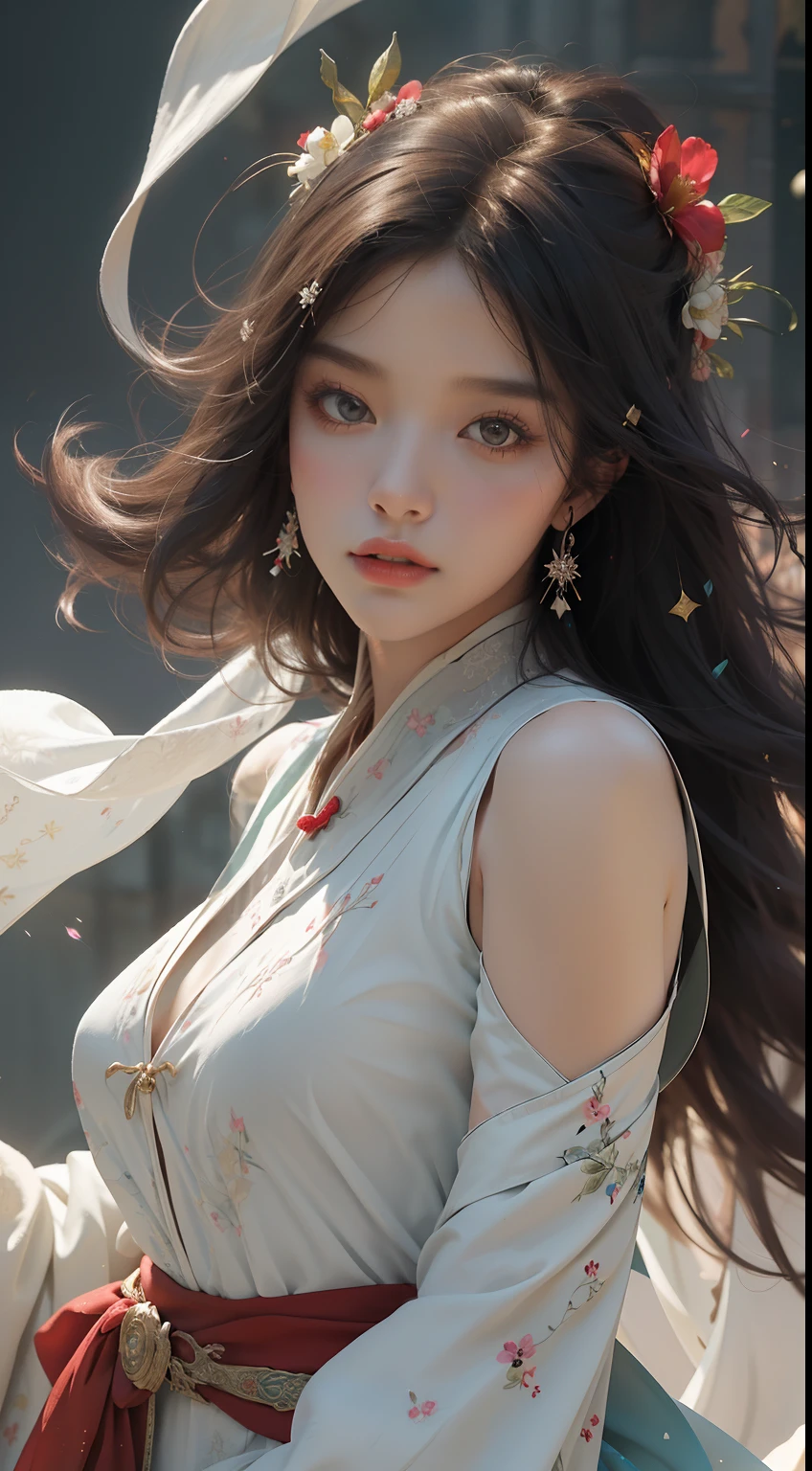 Super high quality, masterpiece, perfect illustration, extreme detail (exquisite light and shadow, highly dramatic picture,) Zhongfenghua, 1 girl, solo, hanfu, flower field, flowers, (white smoke: 1.3) (realistic:1.4), zen entanglement, red, black and white Hanfu, tangled, official art, Unity 8k wallpaper, super detailed, beautiful and beautiful, masterpiece, best quality, (dynamic angle: 1.4), glowing skin, (floating colorful glitter: 1) the most beautiful chaotic form, elegant, brutalist design, Bright colors, romantic depth of field exotic_dance, half_naked