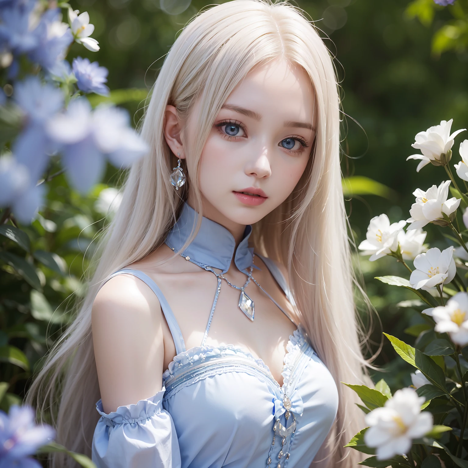 portlate、Alice in Wonderland、Blue sky、Bright and very beautiful face、Young shiny shiny white shiny skin、Best Looks、Platinum blonde hair with dazzling highlights、Super long silky straight hair、Beautiful bangs that shine、Glowing crystal clear big blue eyes、Very beautiful lovely 16 year old beautiful girl、White Apron、Blue Dress