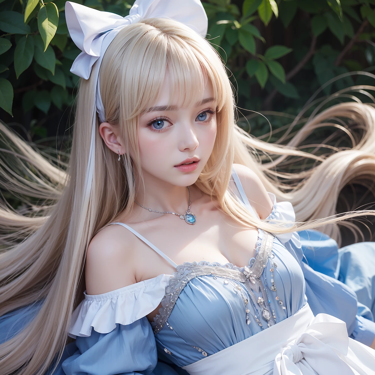 portlate、Alice in Wonderland、Blue sky、Bright and very beautiful face、Young shiny shiny white shiny skin、Best Looks、Platinum blonde hair with dazzling highlights、Super long silky straight hair、Beautiful bangs that shine、Glowing crystal clear big blue eyes、Very beautiful lovely beautiful girl、White Apron、Blue Dress