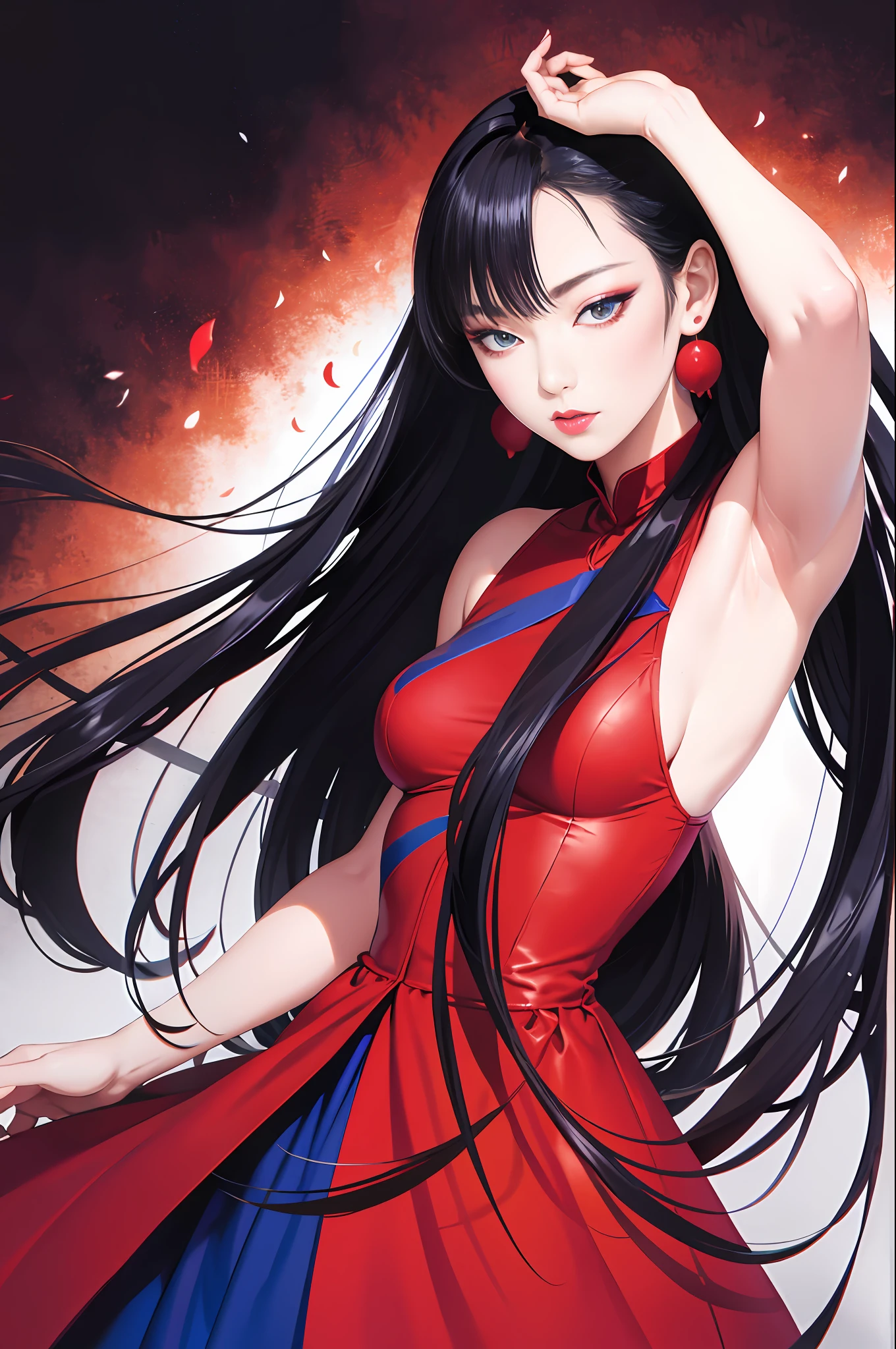 tsuruta ichiro, Narrow-eyed, 1girl in, Allback、brow、Reluctance、Tucked Hair Solo, Cowgirl, Red dress, ((mideum breasts)), (Super long hair:1.2), Thin slit eyes、blue grey eyes, Random colored hair, gloves, Dress, Jewelry, Upper body, earrings, sharp eye、Red Glove, elbow groves,Tie your hair back with your hands up, random color, random color dress, From Side, makeup, Slender eyes、lip stick, Complex petal pattern, Rim Light, Back Light, pastel color,
