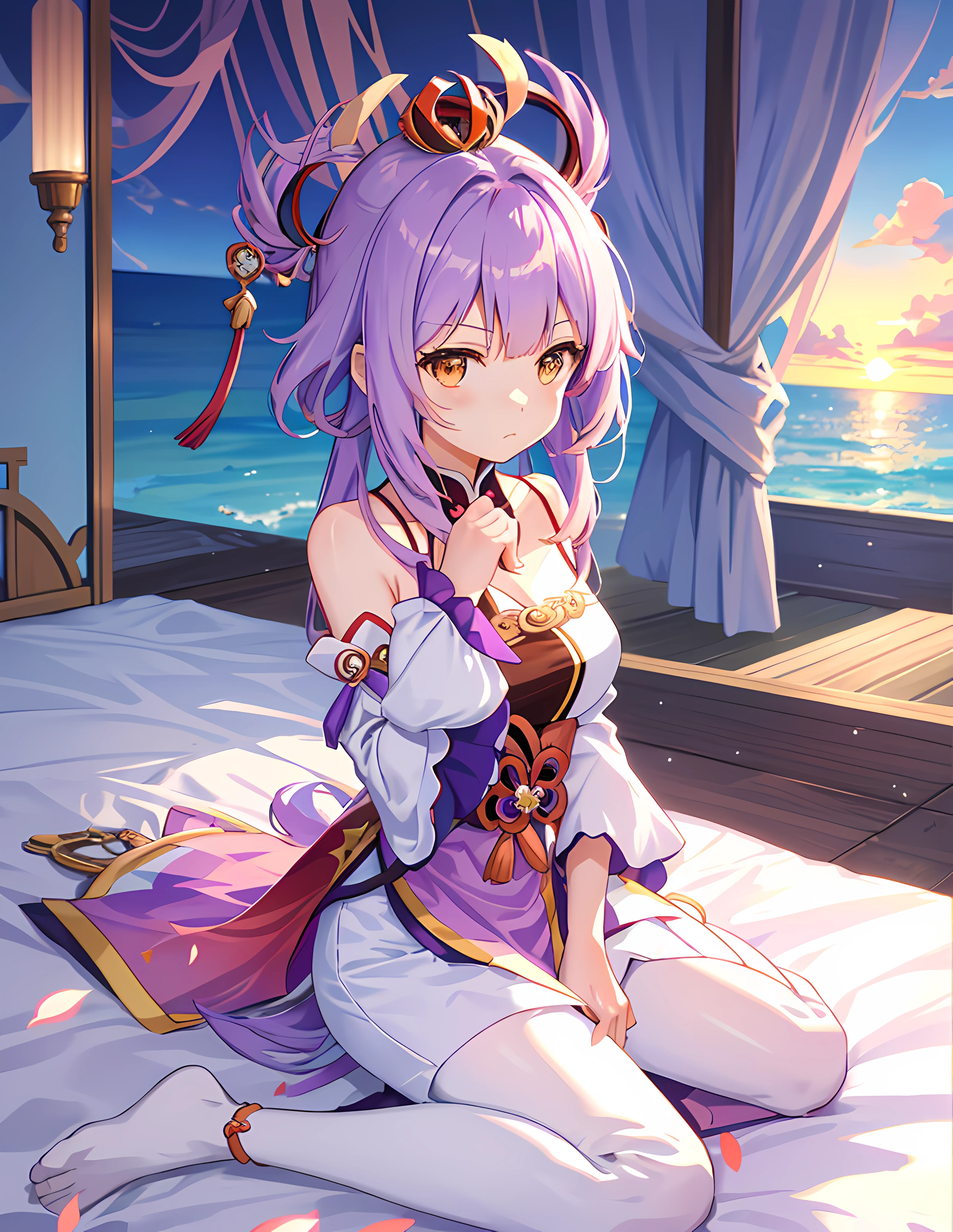Absolutely mesmerizing sunset on the beach,The sky is mixed with orange、Pink and yellow。The sea is crystal clear,Kissing the shore tenderly,The white sand stretches as far as the eye can see。The scene is full of movement,breath-taking,Seagulls soar high in the sky,Palm trees sway gently。Soak up the calm atmosphere,Let tranquility envelop you,Anime girl sitting on bed,Purple hair and purple dress, Ayaka Genshin impact, Keqing from Genshin Impact, ayaka game genshin impact, Genshin, Guviz, zhongli from genshin impact, Genshin impact's character, ((a beautiful fantasy empress)), cute anime waifu in a nice dress, Anime goddess
