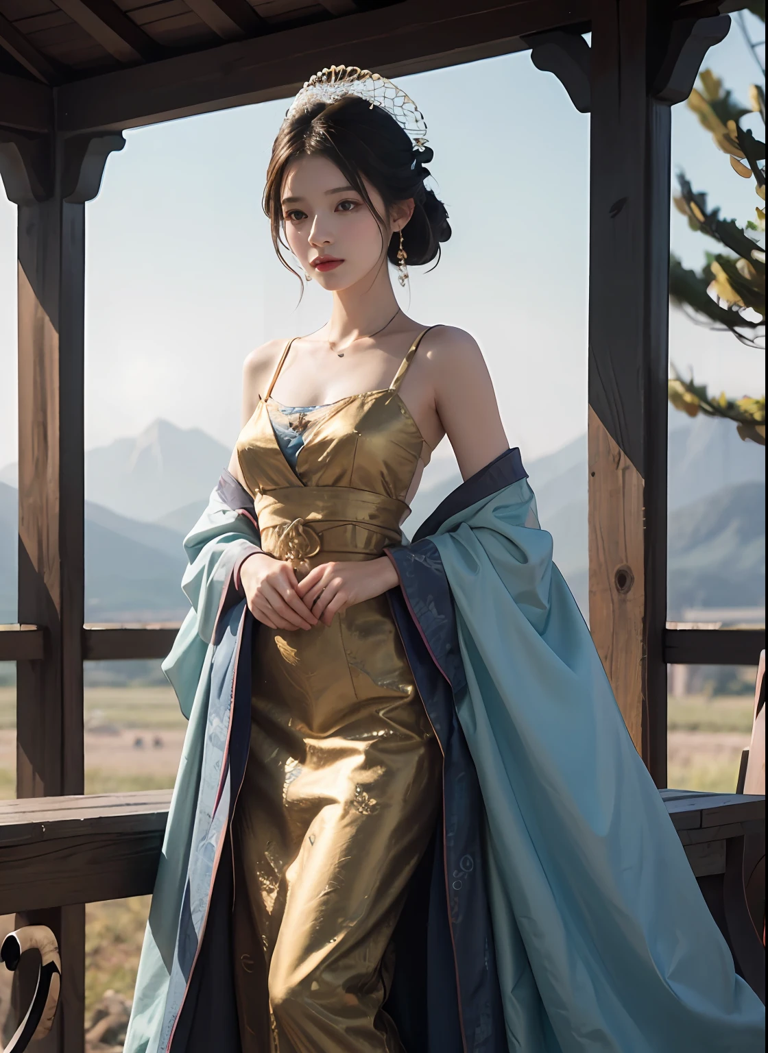 High quality, masterpiece, masterpiece, exquisite facial features, delicate hair, delicate eyes, delicate colored hair, 4K picture quality, brilliant light and shadow, Tyndall effect, halo, messy hair, youthful state, gorgeous scene, exquisite clothes, chains, feathers, big eyes of ancient Chinese beauty very detailed, digital painting, artstation, concept art, clear focus, illustration, (full body 2.0), greg rutkowski and alphonse mucha and victo ngai of art