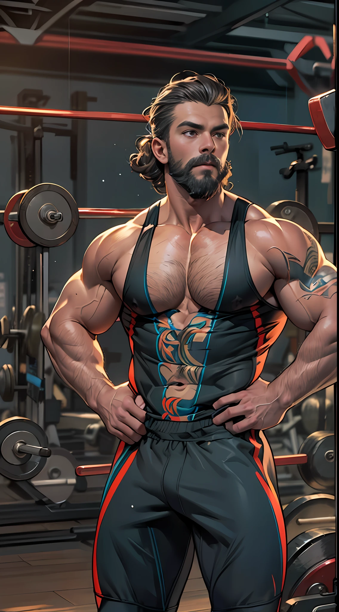 Robust athlete man, upper body revealed, legs uncovered from thighs to feet, bearded with beaded accents, flowing long curls, meticulous muscle definition, lifelike representation, 4K quality. Background: Gymnasium with weights and exercise equipment.,32k uhd, best quality, masterpiece, super detail, high details