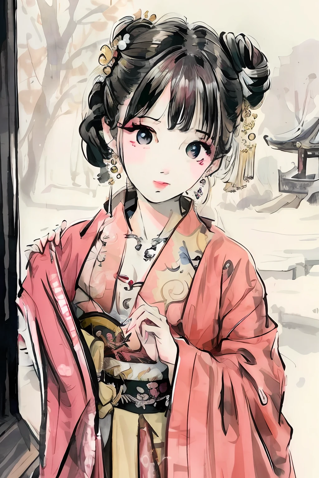 1girl, solo, looking at viewer, lips, chinese clothes, earrings, east asian architecture, hair ornament, beautiful eyes, shuimobysim, shukezouma