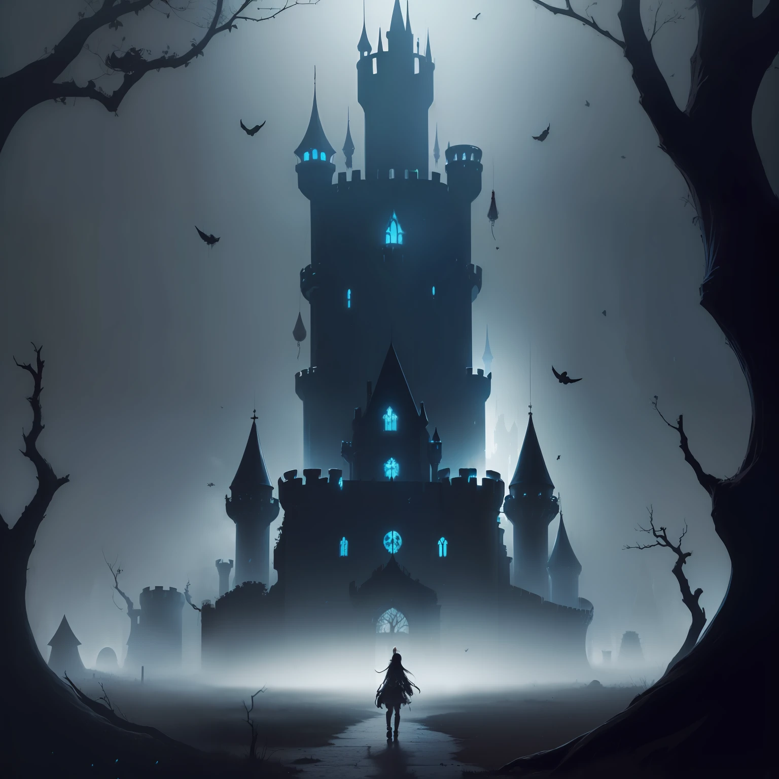 (1 dark castle::1.5) , (dead heads hanging from branches:1.3), fantasia sombria, anime version, manga, anime obra prima , anime 2d