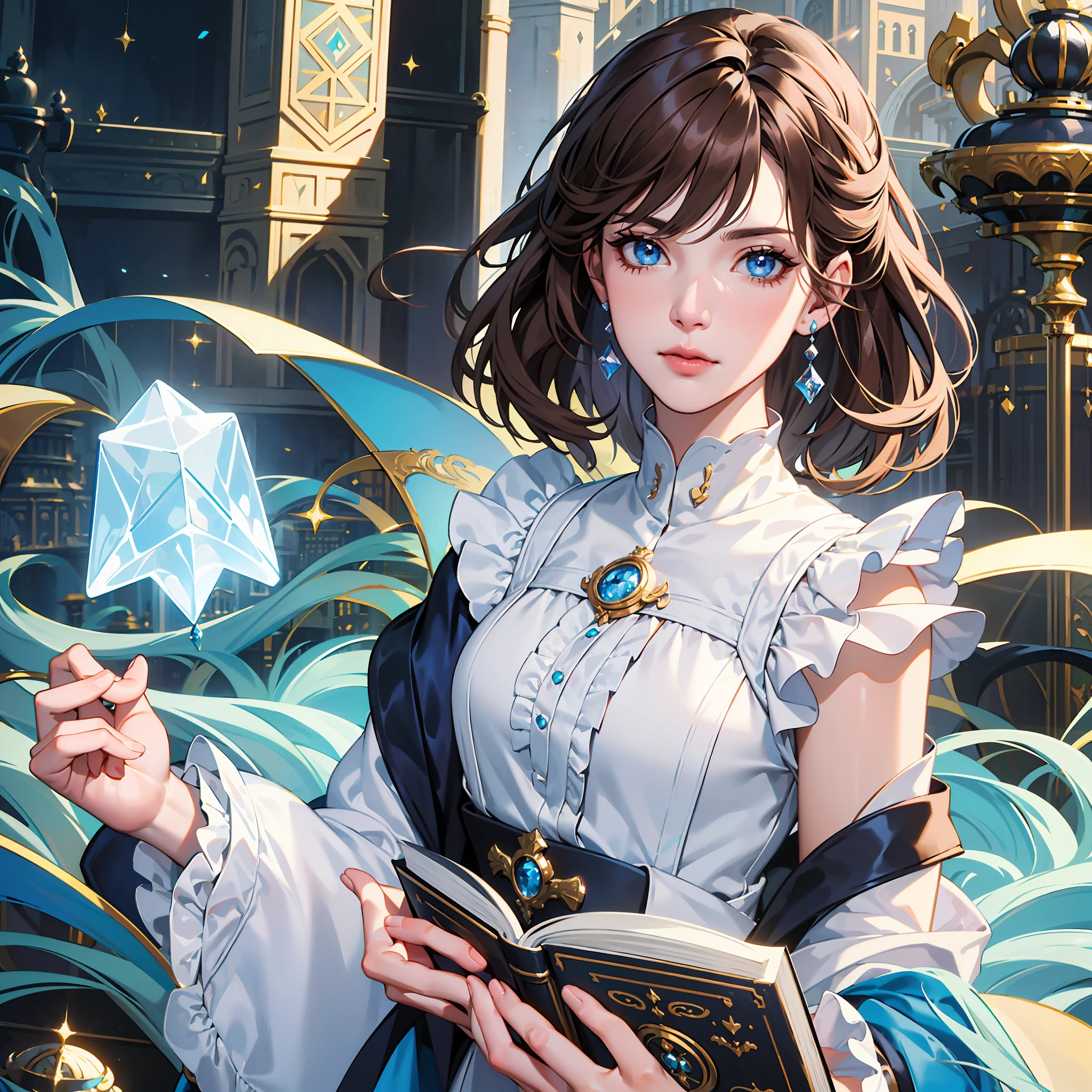 kk, best quality, more details, masterpiece, 1 girl, portrait, female focus, blue eyes like diamonds, solo, bangs, look at the viewer, frilly shirt, short hair, (((fantasy city, palace))), highlights, holding a magic spell book, brown hair, wavy, luxurious, 8k, detailed, ray tracing, depth of field, cinematic lighting,