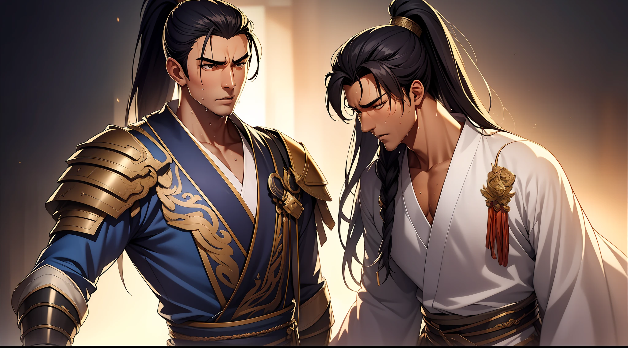 quadratic element,style of anime,1 man(Male Warrior),musculature,The proportions are correct,Face details,swordsmen,High ponytail hairstyle,perspired,Sweat on the face,drools,Neck details,There is an Adam's apple,Get wet,Drenched,Black Hanfu,kaftan,Embroidered robes,Black robe,clothes details,Handing over,longer sleeves,Game quality,Swordsmanship,Light and shadow tracking,Ray traching,detailed glow,cg render,hair detail,cabelos preto e longos,Golden eyes,Sweat on the face,Handsome,Handsome,Beads of sweat slipped down my neck,(juvenile sense),Clothing is complicated,Drenched,Get wet,Perfectcomposition,Refinement,high qulity,higher details,Lots of details,The background is complex,a sense of atmosphere,