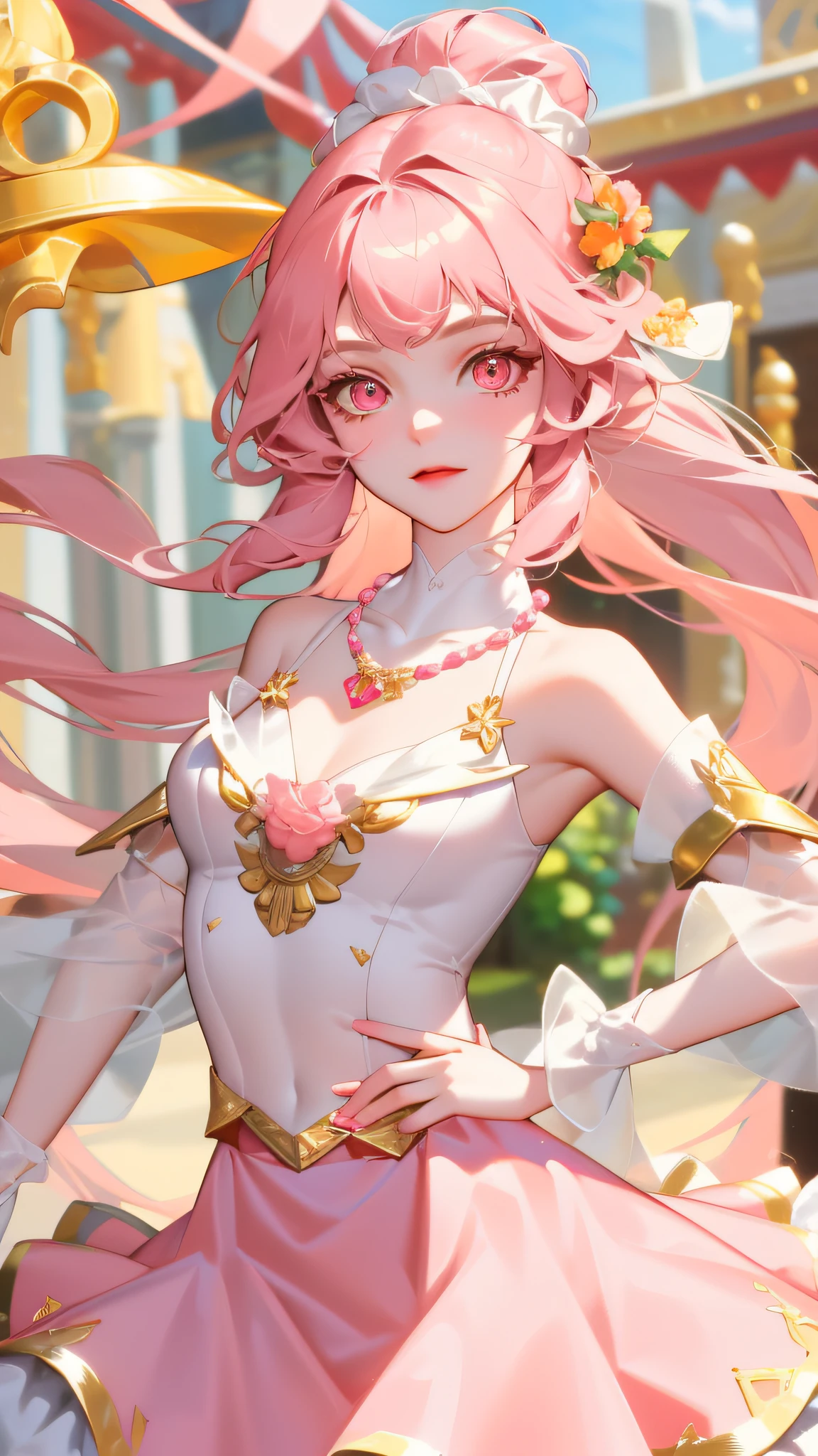 Best Quality, Superb Picture Quality, 8K, Masterpiece: 1.2, Ultra Detailed, Pink and White Clothes, Little Girl, Beautiful Character Painting, Little Dance Inspired by Douluo Continent, Epic Exquisite Character Art, Ultra Detailed Clothing Details, Light Pink Eyes, With a Carrot Necklace