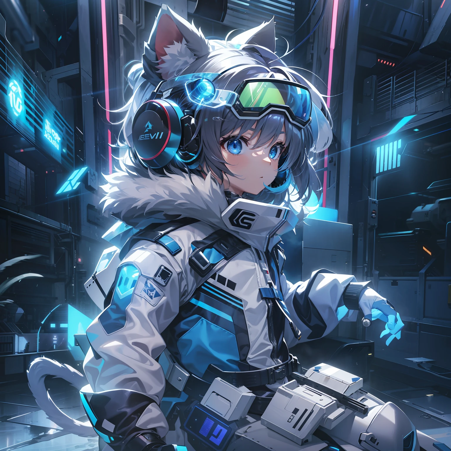 Game CG，8K quality，((A little boy))，juvenile sense，Handsome，Anime male protagonist，Cat ears，Integrated goggles，Tech earmuffs，Blue mech set，White armored gloves，Racing boots，Fight，ventania，Light effects，Full body like，There is only one person，(No animals)，Maglev car，Future technology