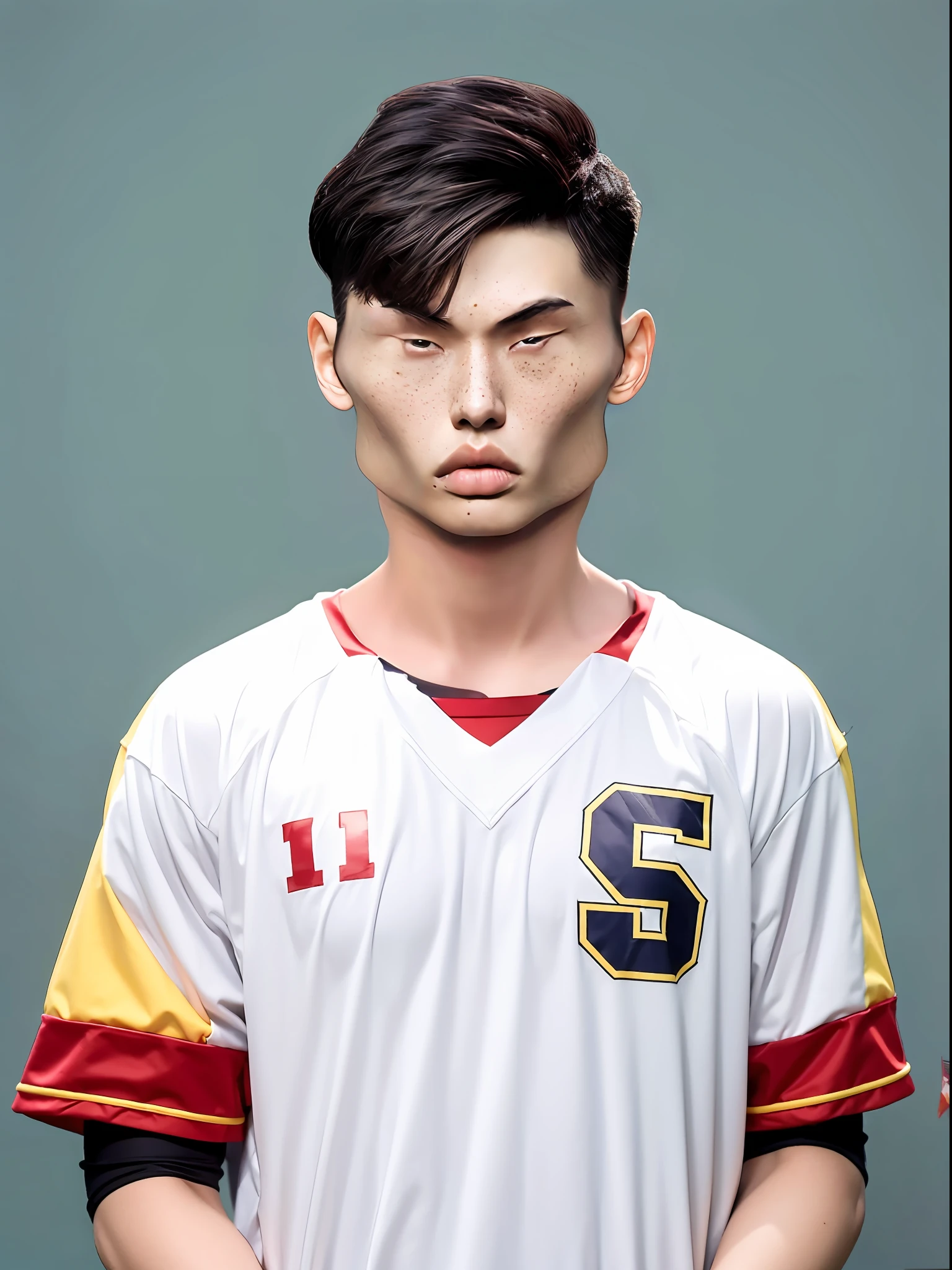 Chinese male high school student,PVC football team dressed in red and yellow,There are pockets,