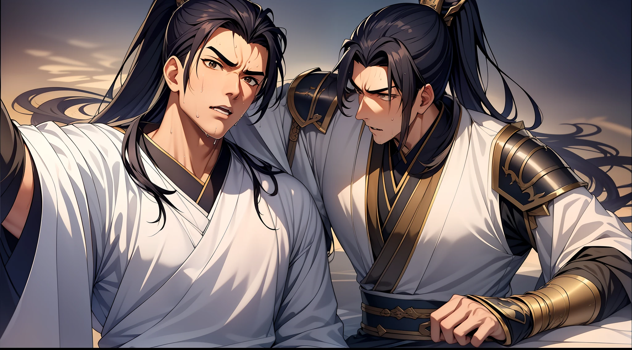 quadratic element,style of anime,1 man(Male Warrior),musculature,The proportions are correct,Face details,swordsmen,High ponytail hairstyle,perspired,Sweat on the face,drools,Neck details,There is an Adam's apple,Get wet,Drenched,Black Hanfu,kaftan,Embroidered robes,Black robe,clothes details,Handing over,longer sleeves,Game quality,Swordsmanship,Light and shadow tracking,Ray traching,detailed glow,cg render,hair detail,cabelos preto e longos,Golden eyes,Sweat on the face,Handsome,Handsome,Beads of sweat slipped down my neck,(juvenile sense),Clothing is complicated,Drenched,Get wet,Perfectcomposition,Refinement,high qulity,higher details,Lots of details,The background is complex,a sense of atmosphere,