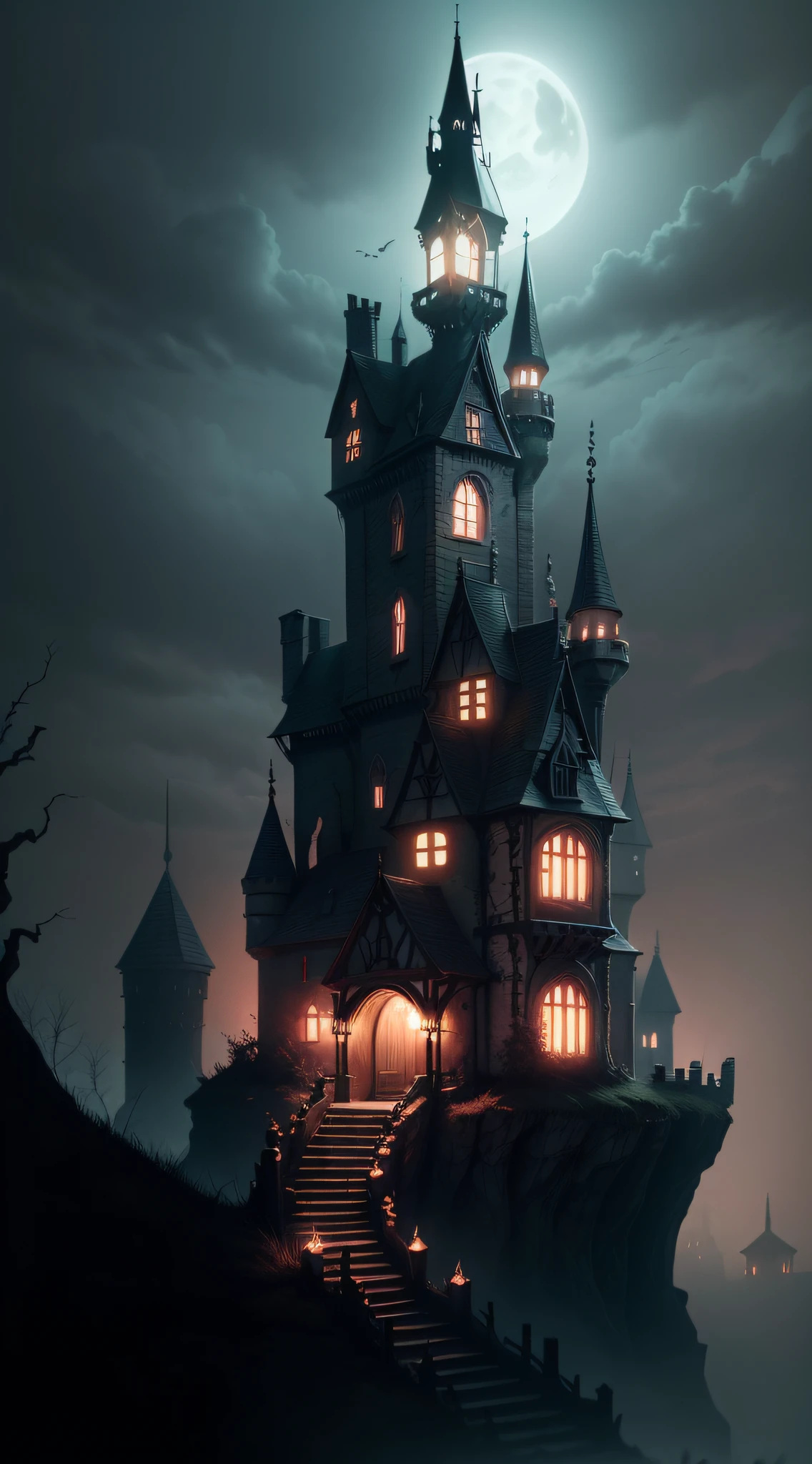 (f/2.4:1.2) (eerie:1.3) (haunting:1.2) (dull:1.2) (gloomy:1.2) (horror:1.2) (a scary crooked castle 🏰) (leaning:1.2) (masterpiece) (cartoon lighting) (toon shading:1.2) (phone wallpaper) (ultra high detaild) (unreal engine 5)