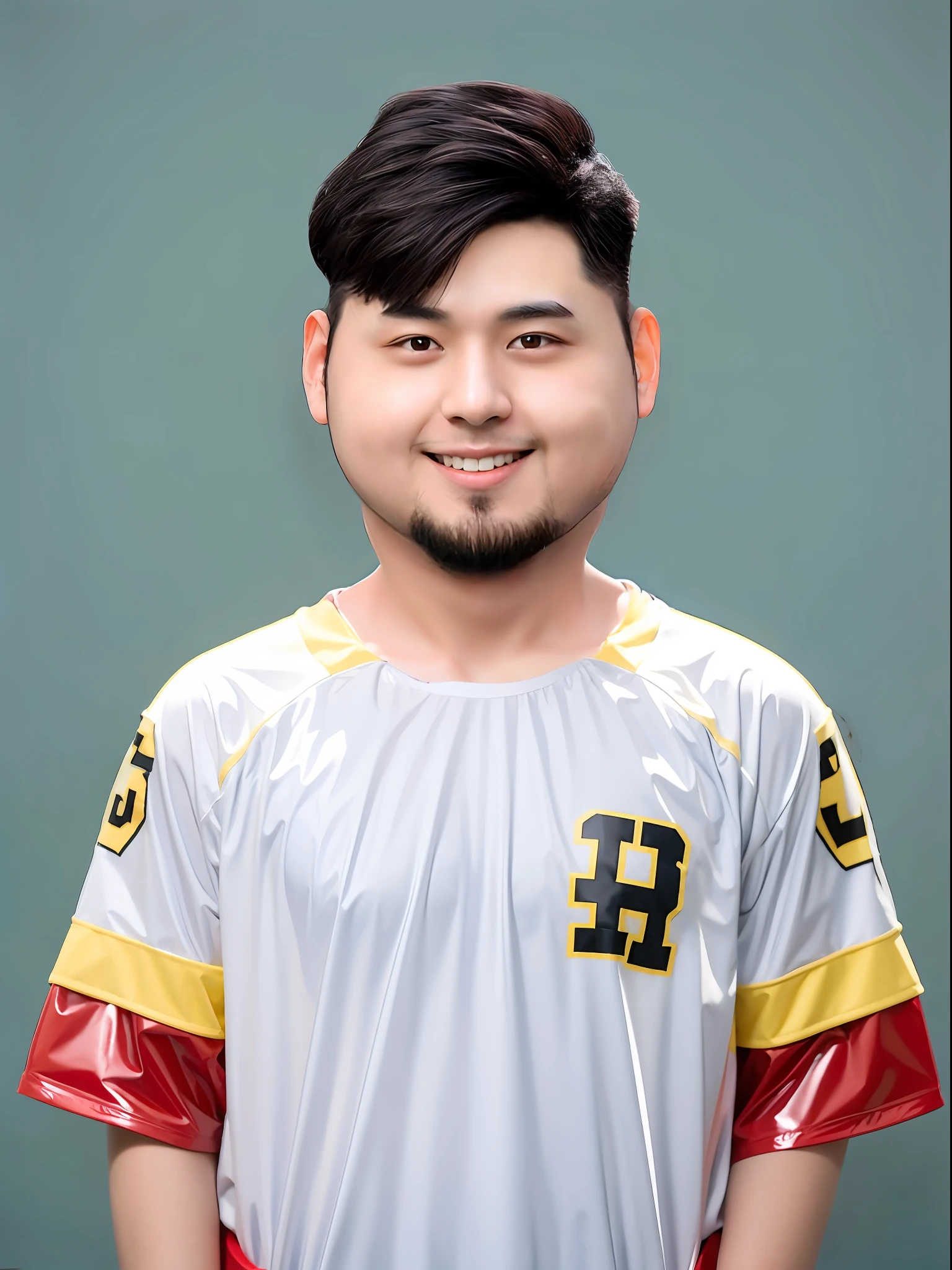 Chinese male high school student,Wear a red and yellow PVC football jersey,There are pockets,