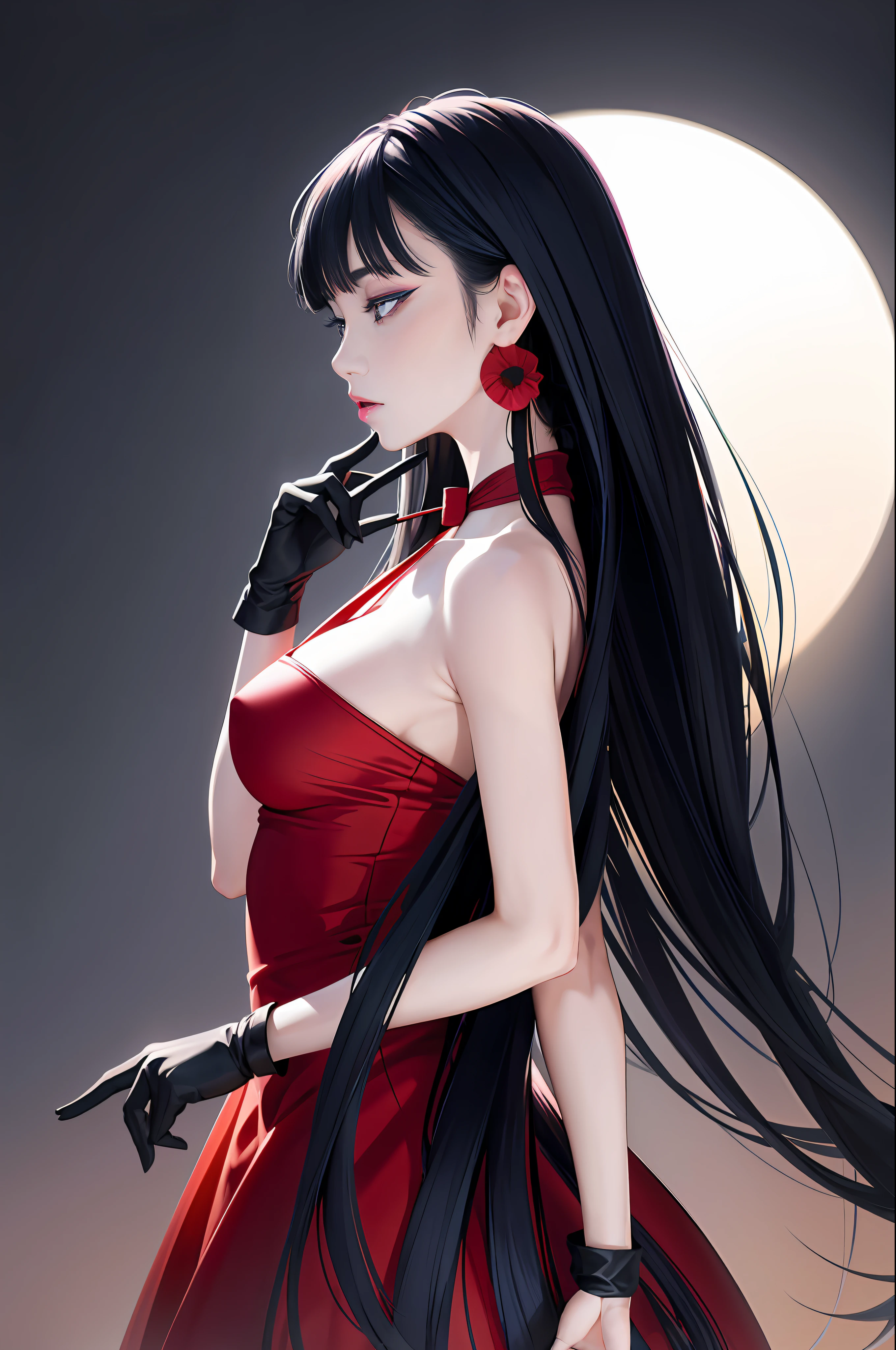 tsuruta ichiro, Narrow-eyed, 1girl in, Allback、brow、Reluctance、Tucked Hair Solo, Cowgirl, Red dress, ((mideum breasts)), (Super long hair:1.2), Thin slit eyes、blue grey eyes, Random colored hair, gloves, Dress, Jewelry, Upper body, earrings, sharp eye、Red Glove, elbow groves,Tie your hair back with your hands up, random color, random color dress, From Side, makeup, Slender eyes、lip stick, Complex petal pattern, Rim Light, Back Light, pastel color,