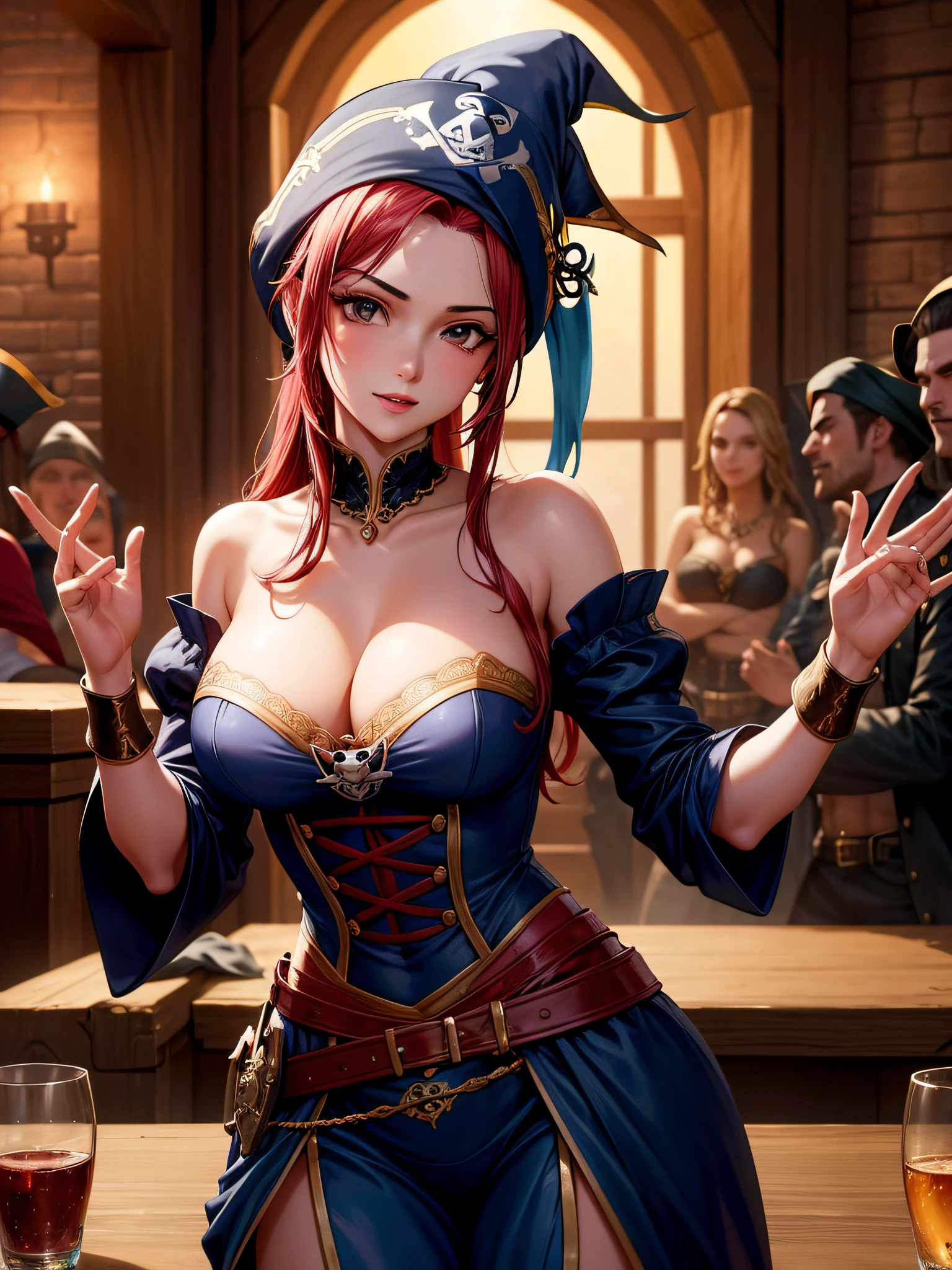 Find the charismatic seductive tavern, grace, vestida com uma elegante roupa de pirata com um toque de sensualidade. She entertains a noisy crowd of pirates in a dimly lit tavern, adding an aura of fascination and excitement to the lively atmosphere.