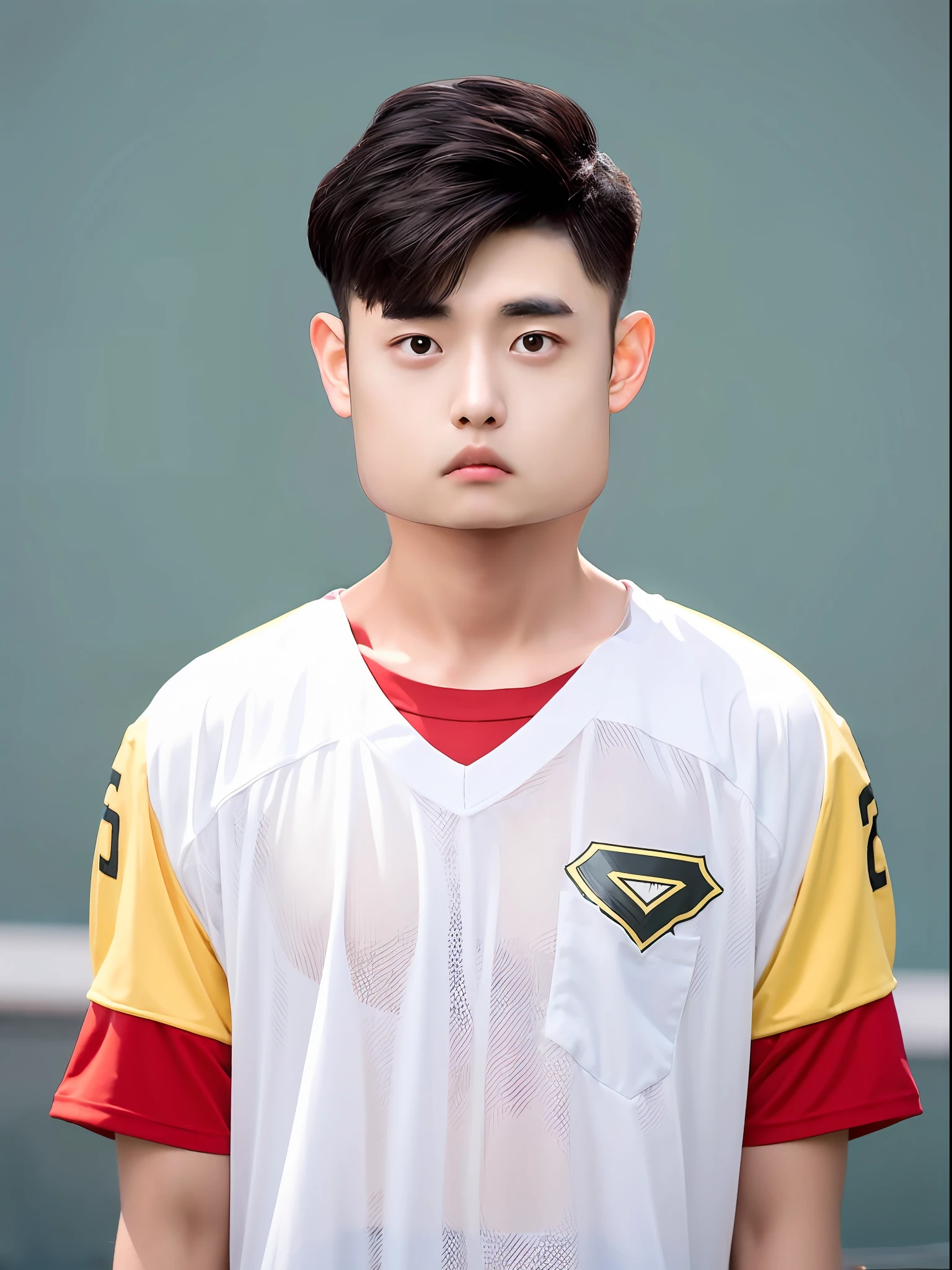 Chinese male high school student,PVC football team dressed in red and yellow,There are pockets,