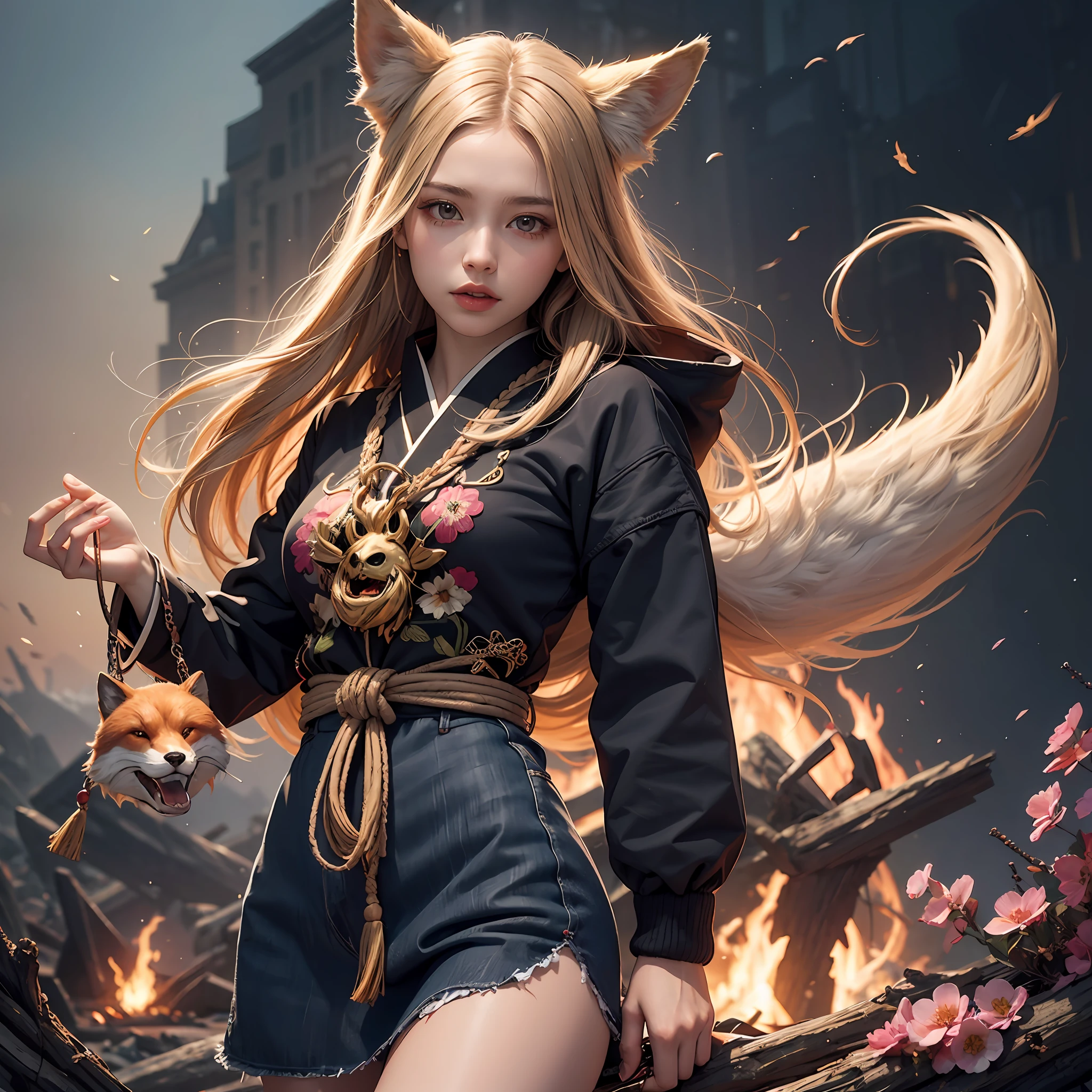1girl, solo, official art, unity 8k wallpaper, ultra detailed, beautiful and aesthetic, masterpiece, best quality, photorealistic, (abstract background) (zentangle, mandala, tangle, entangle background:0.7) Kitsune, fox mask, haori jacket, foxfire spell, fox familiar, transformation, depth of field, Fantastical Atmosphere, the most beautiful form of chaos, elegant, a brutalist designed, flower of death, ecstasy of flower