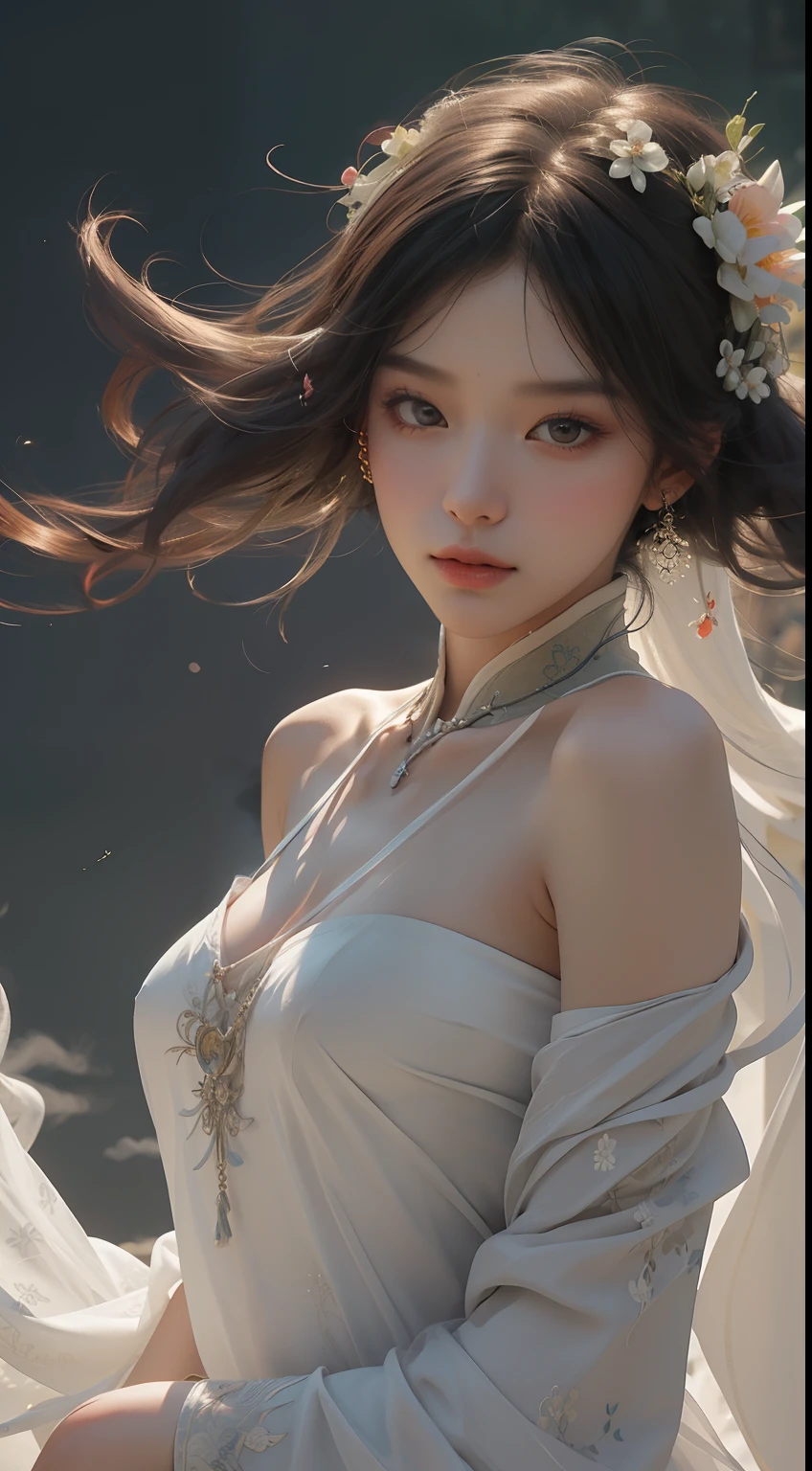 A Close Up Of A Woman In A White Dress With A Flower In Her Hair SeaArt AI