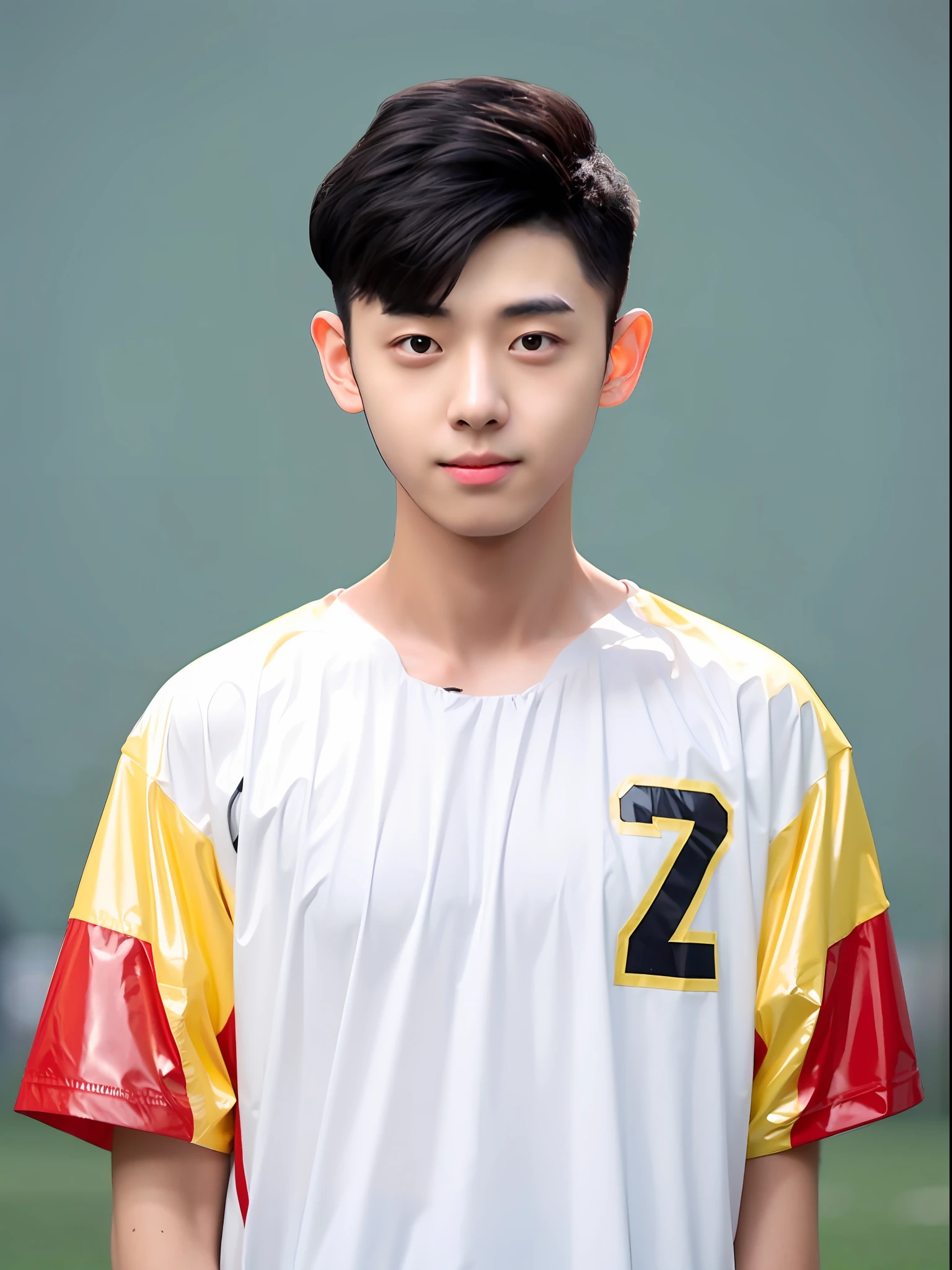 Chinese male high school student,Wear a red and yellow PVC football jersey,There are pockets,