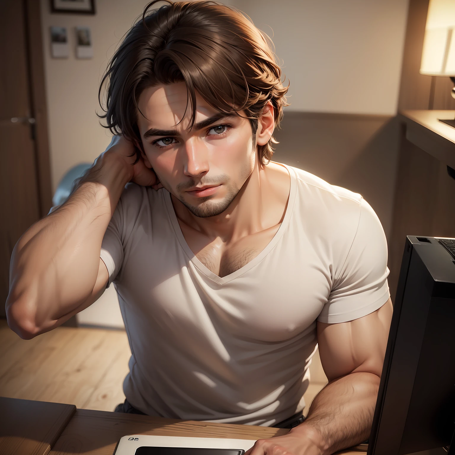 (hight resolution, detaileds), (1 male, Solo, Adult, age 30s), brown haired, Black eyes, extra detailed face, The upper part of the body, short sleeved shirt, Medium flesh and middle back
