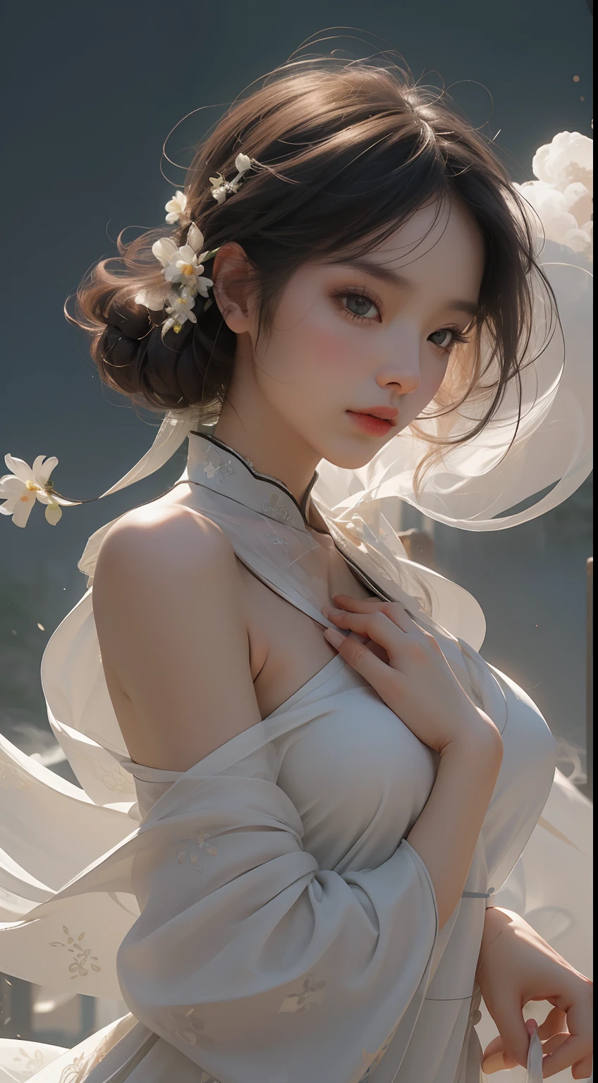 NSFW, Super High Quality, Masterpiece, Perfect Illustration, Extreme Details (Delicate Light and Shadow, Highly Dramatic Picture,)Zhong Hua, 1 Girl, Solo, Hanfu, Ancient_Chinese_architecture, Flower Field, Flowers, (White Smoke:1.3) (Realistic:1.4), Zen Entanglement, Mandala, Tangled, Official Art, Unity 8k wallpaper, super detailed, beautiful and beautiful, masterpiece, best quality, (Dynamic angle: 1.4), glowing skin, (Floating colorful flashes: 1) The most beautiful chaotic forms, elegant, brutalist design, bright colors, romantic depth of field exotic_dance, half_naked