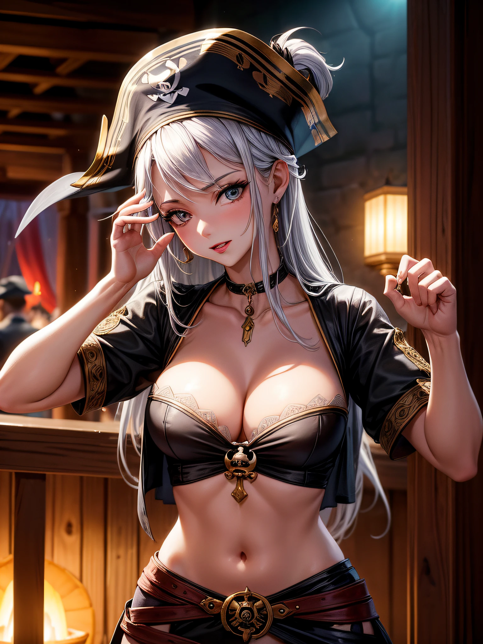 Find the charismatic seductive tavern, grace, vestida com uma elegante roupa de pirata com um toque de sensualidade. She entertains a noisy crowd of pirates in a dimly lit tavern, adding an aura of fascination and excitement to the lively atmosphere.