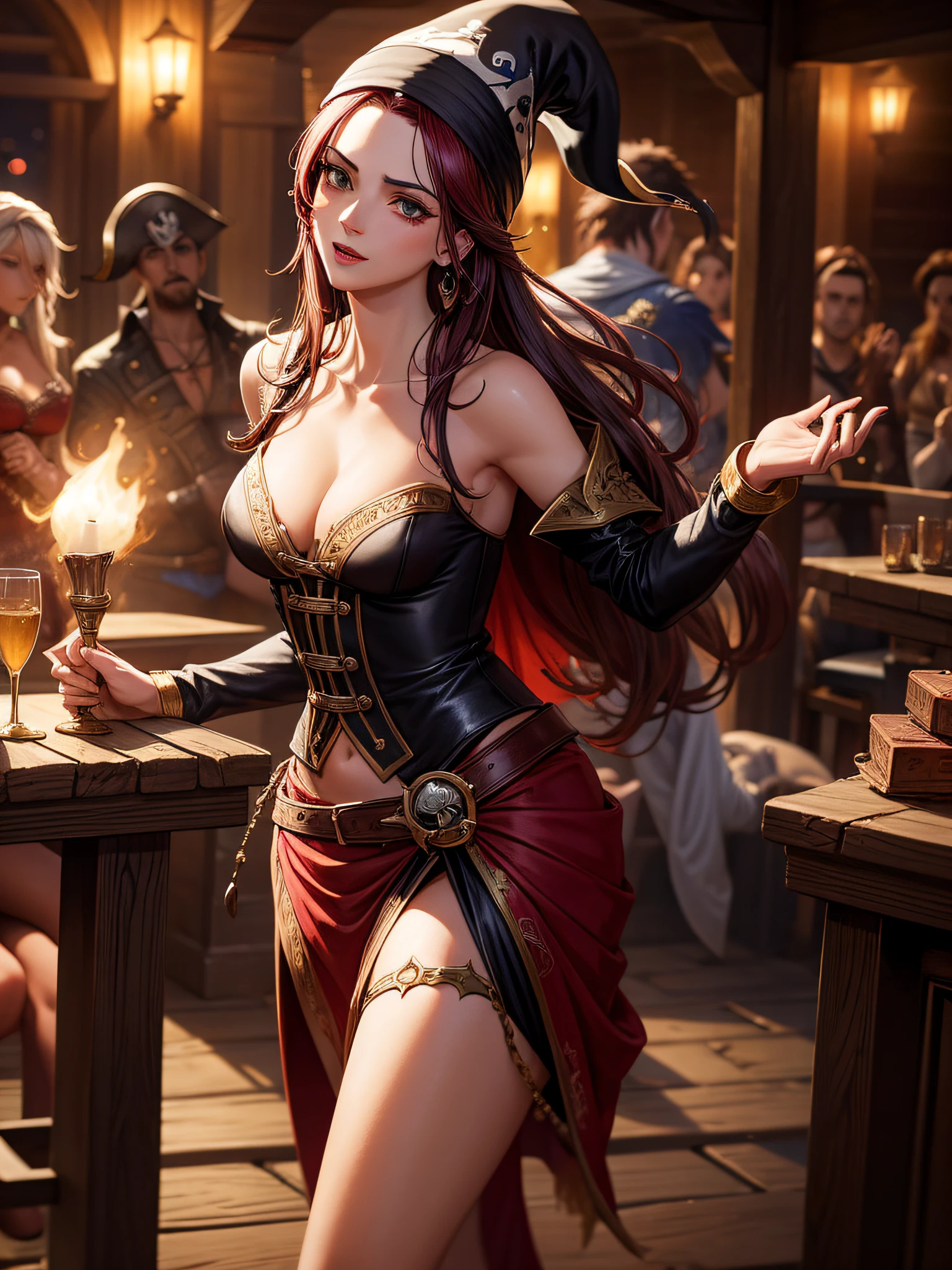 Find the charismatic seductive tavern, grace, vestida com uma elegante roupa de pirata com um toque de sensualidade. She entertains a noisy crowd of pirates in a dimly lit tavern, adding an aura of fascination and excitement to the lively atmosphere.