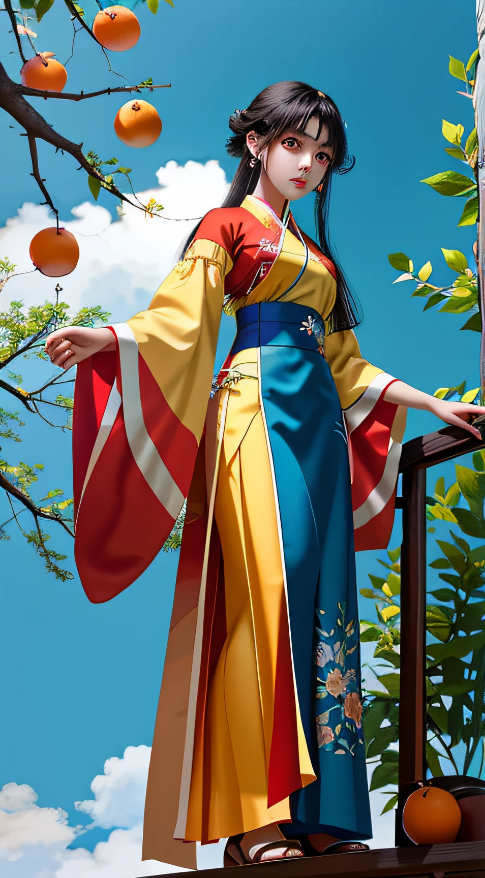 Anime girl standing on tree,There are oranges hanging from the trees, The girl reached out to pick the fruit,up of young anime girl, Cute anime girl, A girl in Hanfu, anime visual of a cute girl, Guviz, Chinese girl, Anime Pictures, Beautiful character painting, Beautiful anime girl,