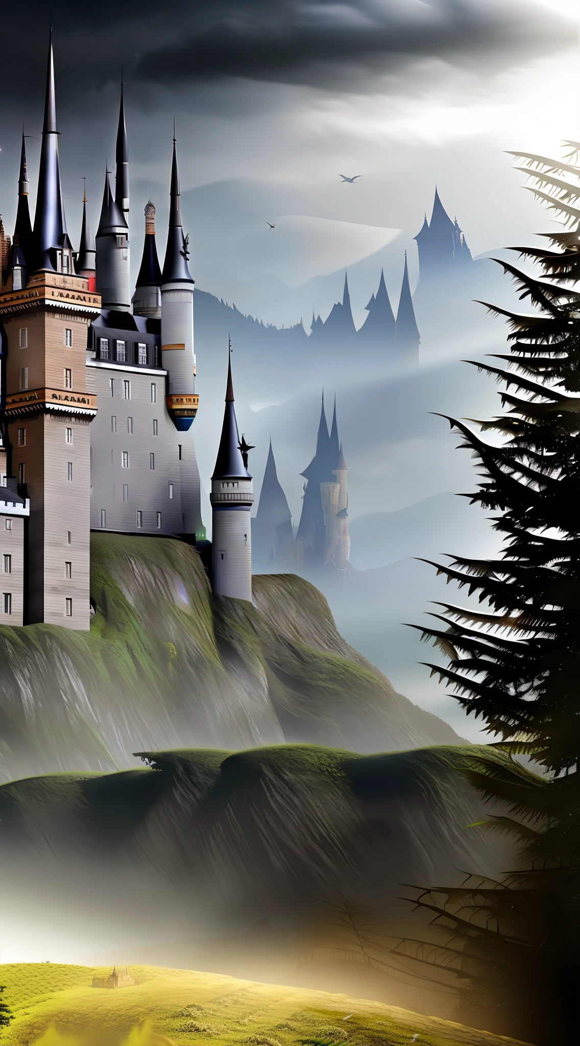 Mysterious castle, grey sky, Flying monsters, Huge forest, Monsters, Demons, Best quality!