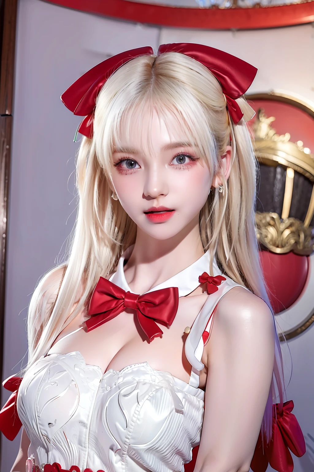 (8k, 4k, best quality, highres:1.2), (realistic, photo-realistic:1.37), 1girl ,solo, beautiful face, white skin, detailed eyes, long eyelashes, glossy lips, parted lips, nose, looking at viewer, absurdly long hair, long_hair, (two side up, facing viewer, cute:1.5),
upper body, blonde hair, earrings,
large breasts, cleavage, (red bow:1.5),