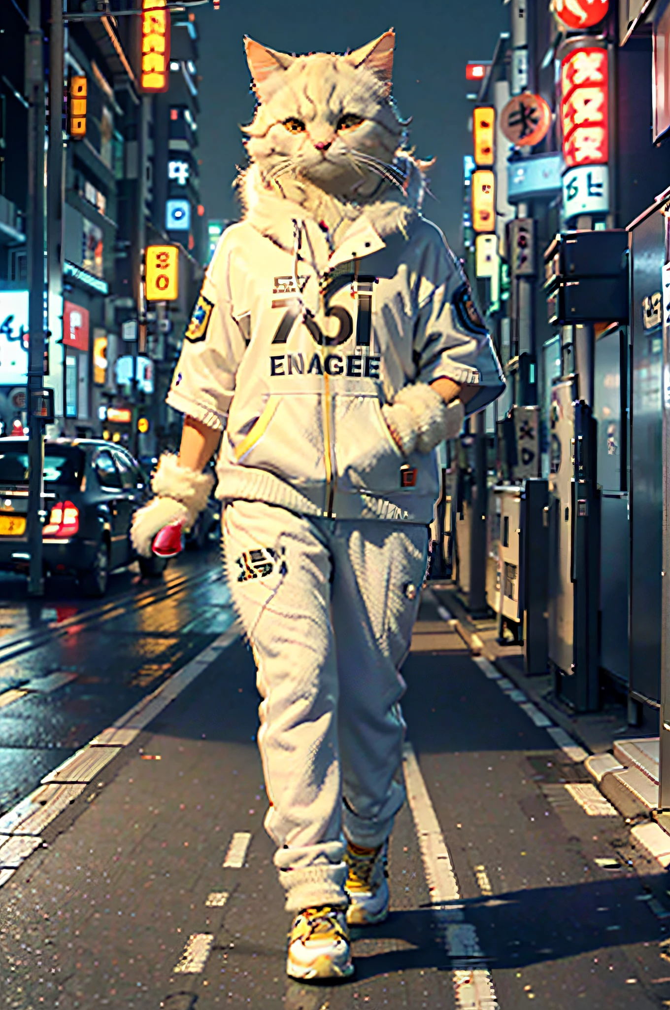 White female c4ttitude, Attentive eyes ,fur, challenger, agile, engaging, Fashion clothing,nylon, Fast paws,walking at street, (Tokyo Night Street Background 2021),Masterpiece, Best quality, Ultra-detailed,8K wallpaper,Hyper-Resolution， Unreal 5