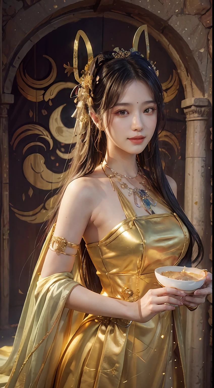 (RAW Photo, Best Quality), (Realistic, Photo Realistic: 1.3), Best Quality, Highly Detailed, Masterpiece, Ultra Detailed, Illustration, 1 Girl, upper_body, Dynamic Angle, World Mastery Theater, messy_long_hair, Best Quality, Extremely Detailed CG Unified 8k Wallpaper, Ink, Amazing, Cinematic Lighting, lens_flare, dunhuang_style, Beautiful Rendering of the Tang Dynasty, (Smile: 1.5), (Holy Light), In the Grotto, Floating, Sony Master Shot, Bustle, Gold Leaf, Flower, Looking at the Audience