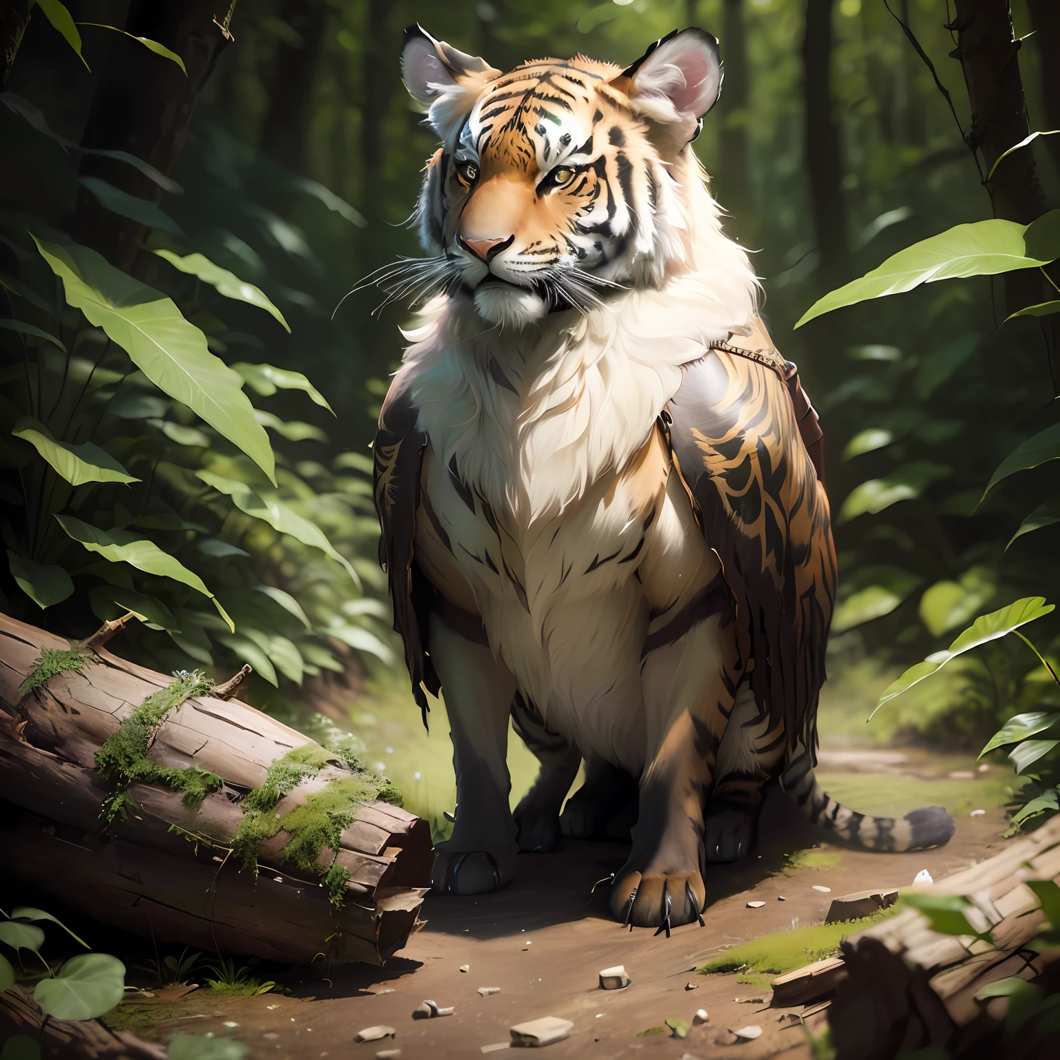 there is a tiger sitting on a log in the woods, realistic fantasy render, dramatic cinematic detailed fur, highly detailed digital painting, highly realistic concept art, 4k highly detailed digital art, adorable digital painting, highly realistic photo, anthropomorphic tiger, realistic fantasy illustration, digital painting highly detailed, realistic scene, realistic illustration, adventure hyper realistic render
