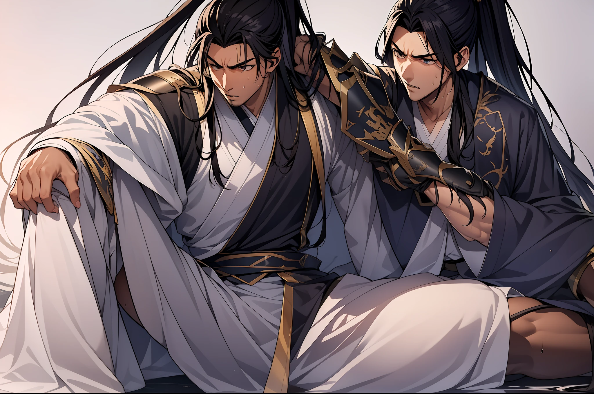 quadratic element,style of anime,1 man(Male Warrior),musculature,The proportions are correct,Face details,swordsmen,High ponytail hairstyle,perspired,Sweat on the face,drools,Neck details,There is an Adam's apple,Get wet,Drenched,Black Hanfu,kaftan,Embroidered robes,Black robe,clothes details,Handing over,longer sleeves,Game quality,Swordsmanship,Light and shadow tracking,Ray traching,detailed glow,cg render,hair detail,cabelos preto e longos,Golden eyes,Sweat on the face,Handsome,Handsome,Beads of sweat slipped down my neck,(juvenile sense),Clothing is complicated,Drenched,Get wet,Perfectcomposition,Refinement,high qulity,higher details,Lots of details,The background is complex,a sense of atmosphere,