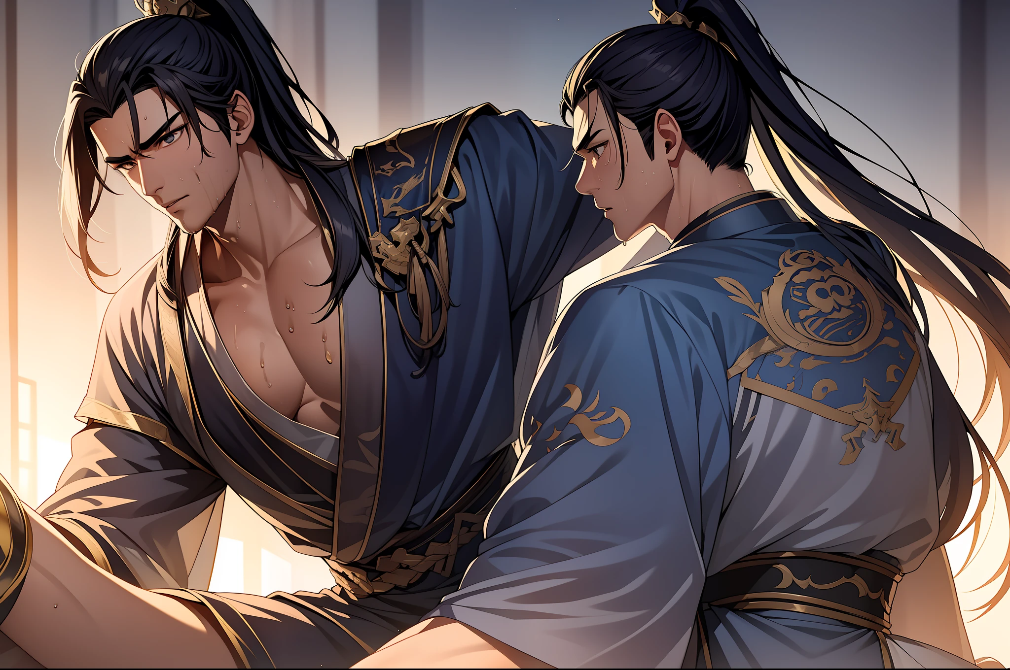 quadratic element,style of anime,1 man(Male Warrior),musculature,The proportions are correct,Face details,swordsmen,High ponytail hairstyle,perspired,Sweat on the face,drools,Neck details,There is an Adam's apple,Get wet,Drenched,Black Hanfu,kaftan,Embroidered robes,Black robe,clothes details,Handing over,longer sleeves,Game quality,Swordsmanship,Light and shadow tracking,Ray traching,detailed glow,cg render,hair detail,cabelos preto e longos,Golden eyes,Sweat on the face,Handsome,Handsome,Beads of sweat slipped down my neck,(juvenile sense),Clothing is complicated,Drenched,Get wet,Perfectcomposition,Refinement,high qulity,higher details,Lots of details,The background is complex,a sense of atmosphere,
