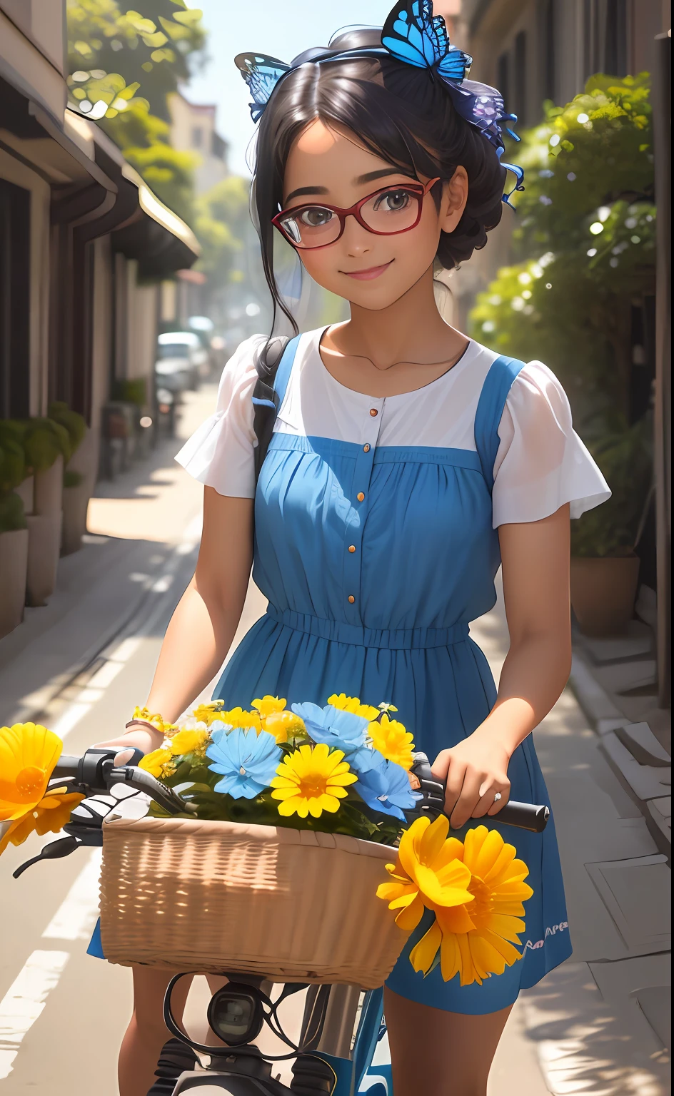 (highres, High lighting, 4k), red rimmed glasses, rosto longo, 1girl, Negra, rosto, rosto detalhado, olho azul, sentada em uma bicicleta com uma cesta na bicicleta repleta de flores nojardim, cabelo muito curto encaracolado, She has a butterfly on her head, rosto fechado, sol no meio-dia, sorriso, :), olhando para o espectador, perto - intensidade acima, vestido azulzinho muitas flores coloridas , olhos meio fechados,